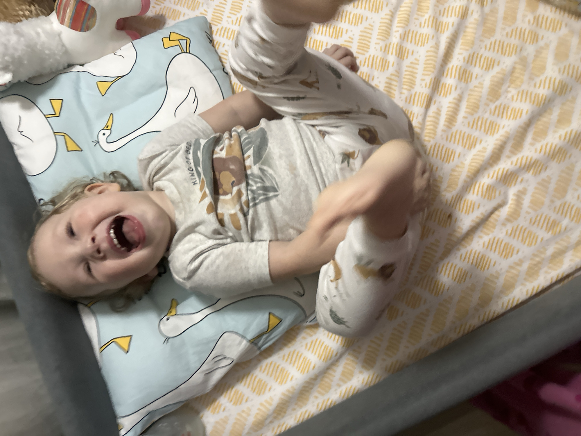 Toddler plays with plush toys on bed in Votkinsk