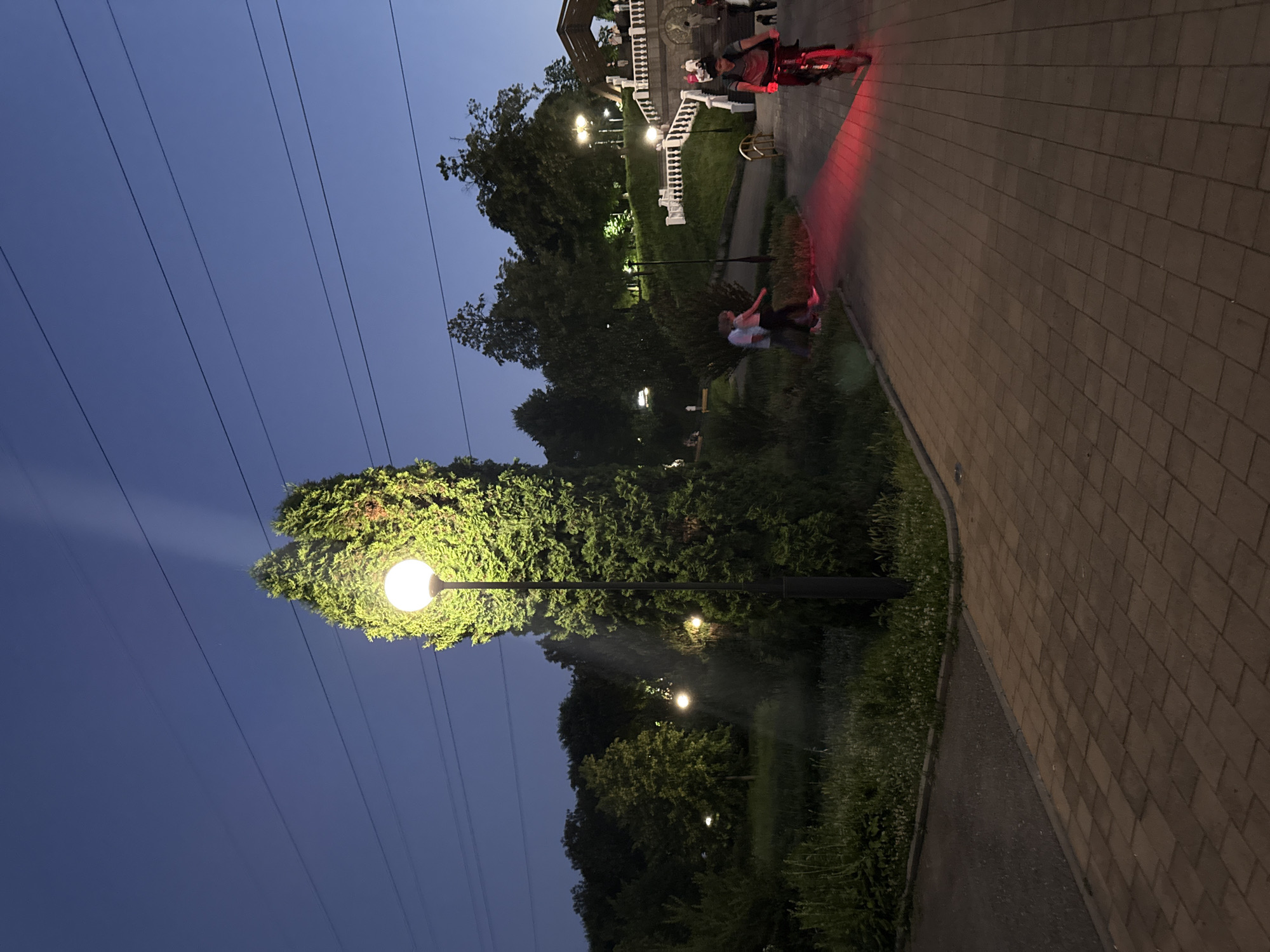 Stone staircase and lamp-lit greenery at dusk in Endirei