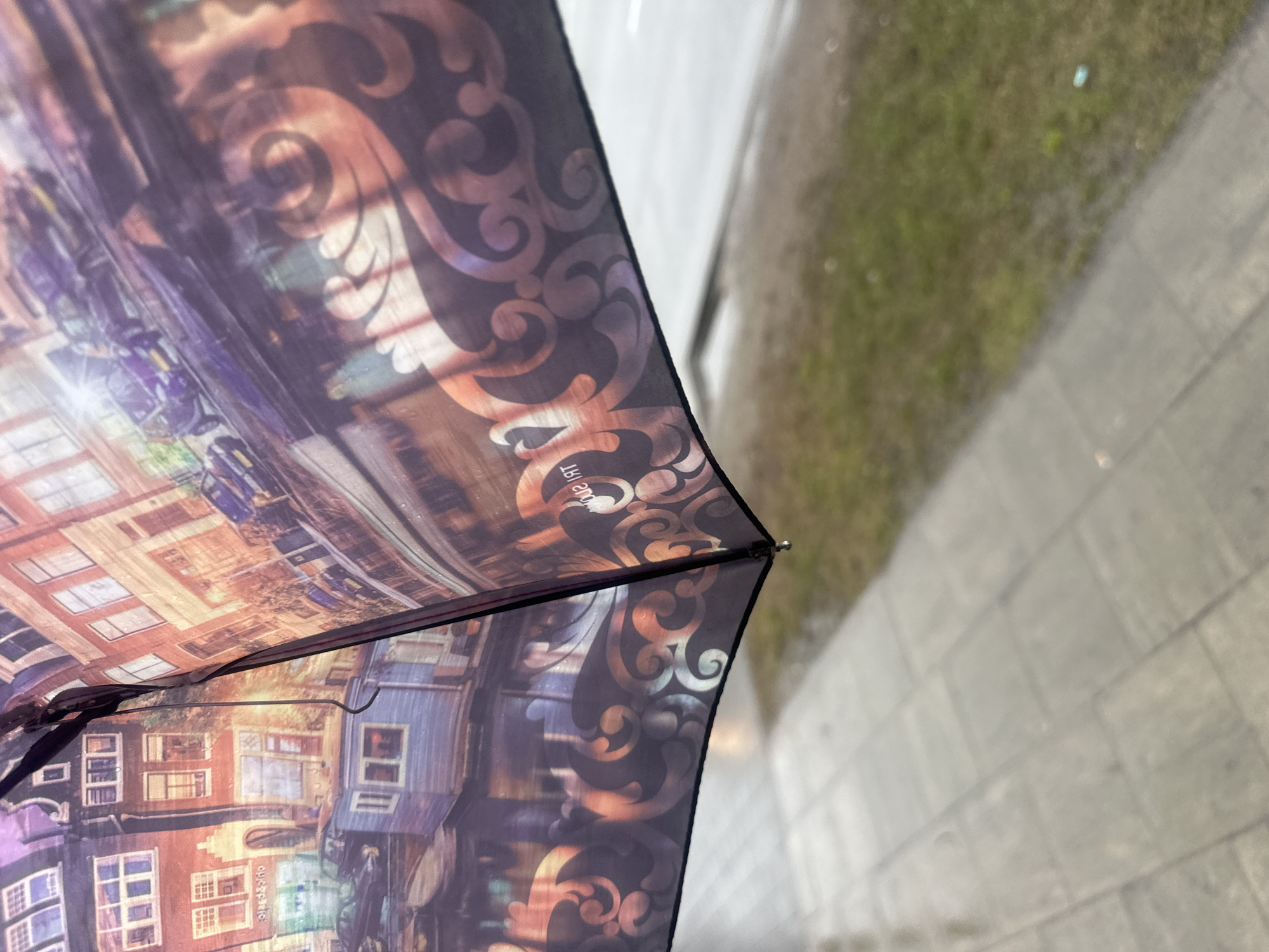 Person shelters under decorative umbrella during rain in Riga
