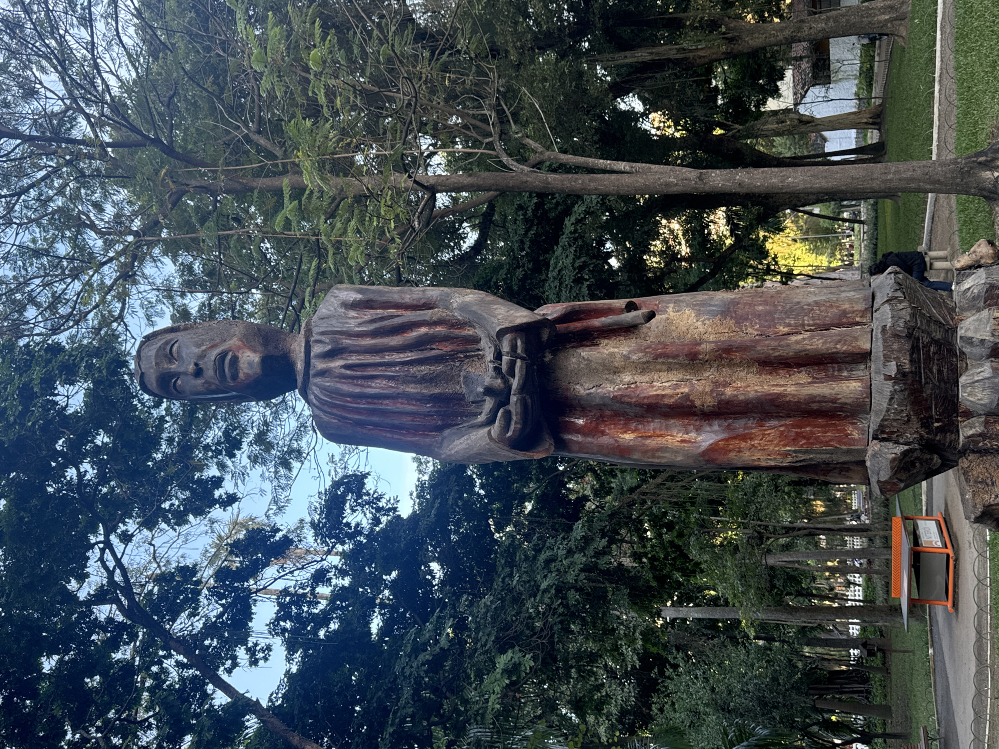 Niterói park square with giant trees, wildlife, and wooden sculpture