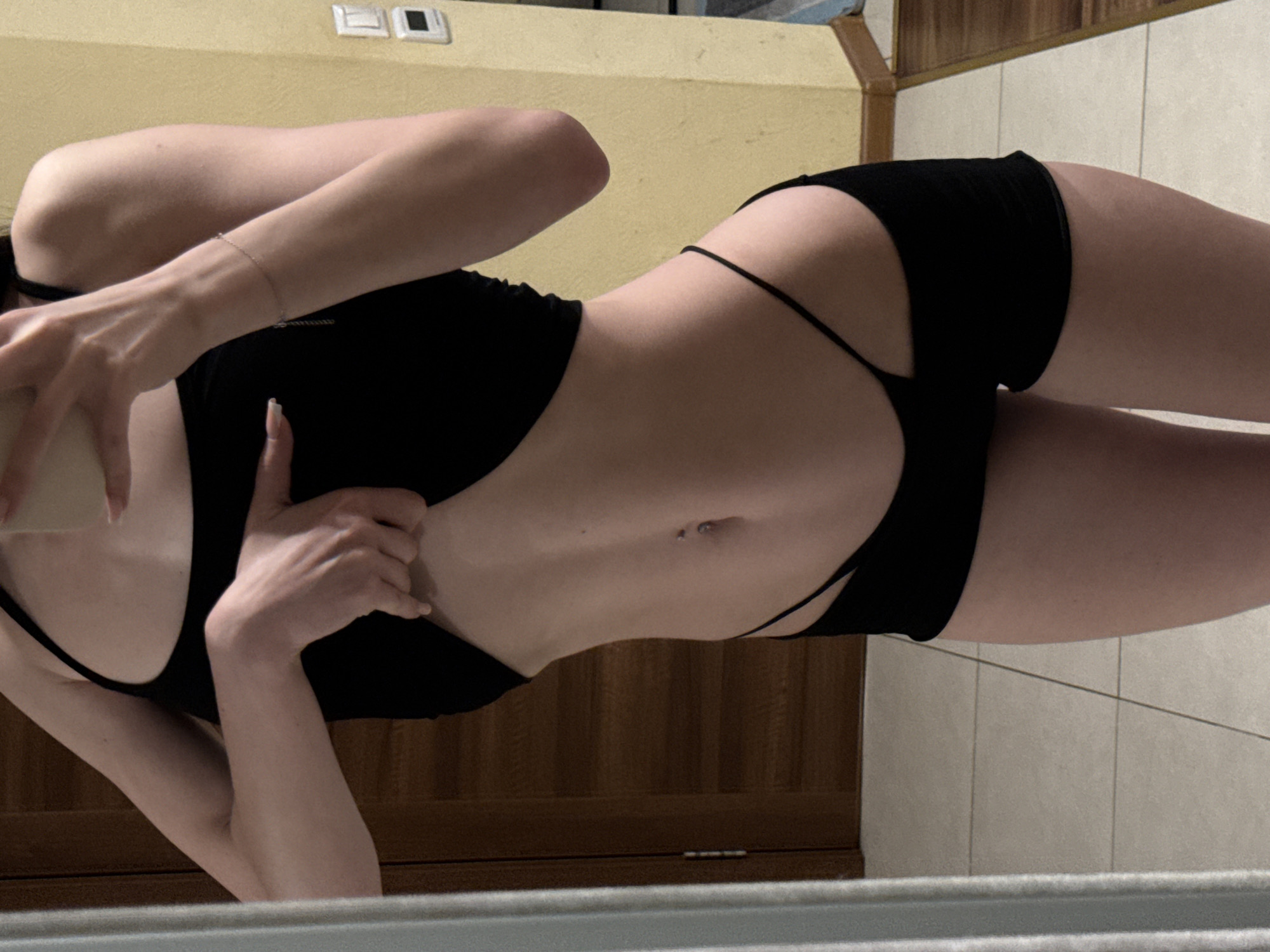 Home bathroom selfie session in Khimki, black outfit throughout