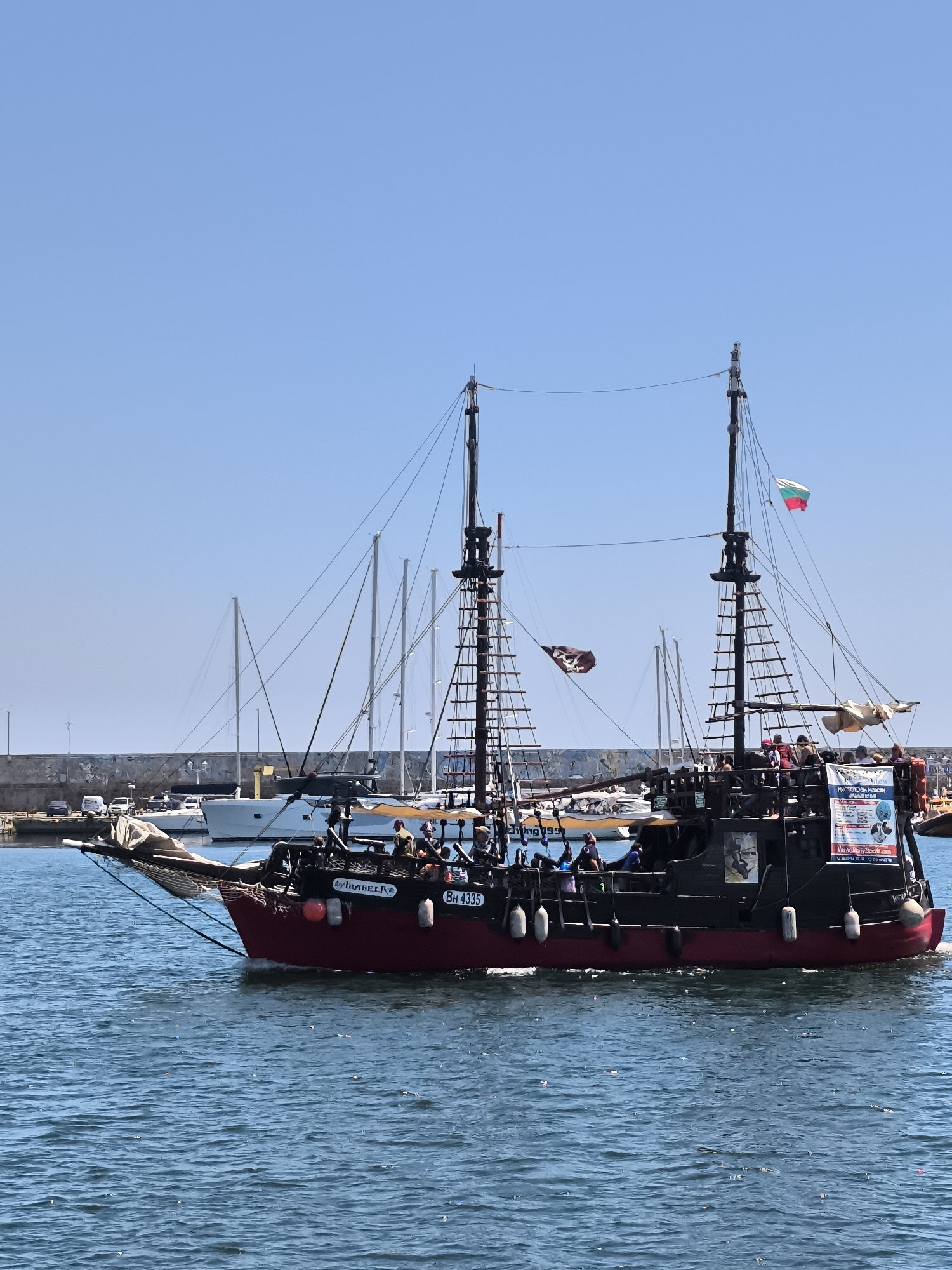 Pirate-themed tourist boat sailing the Black Sea near Varna