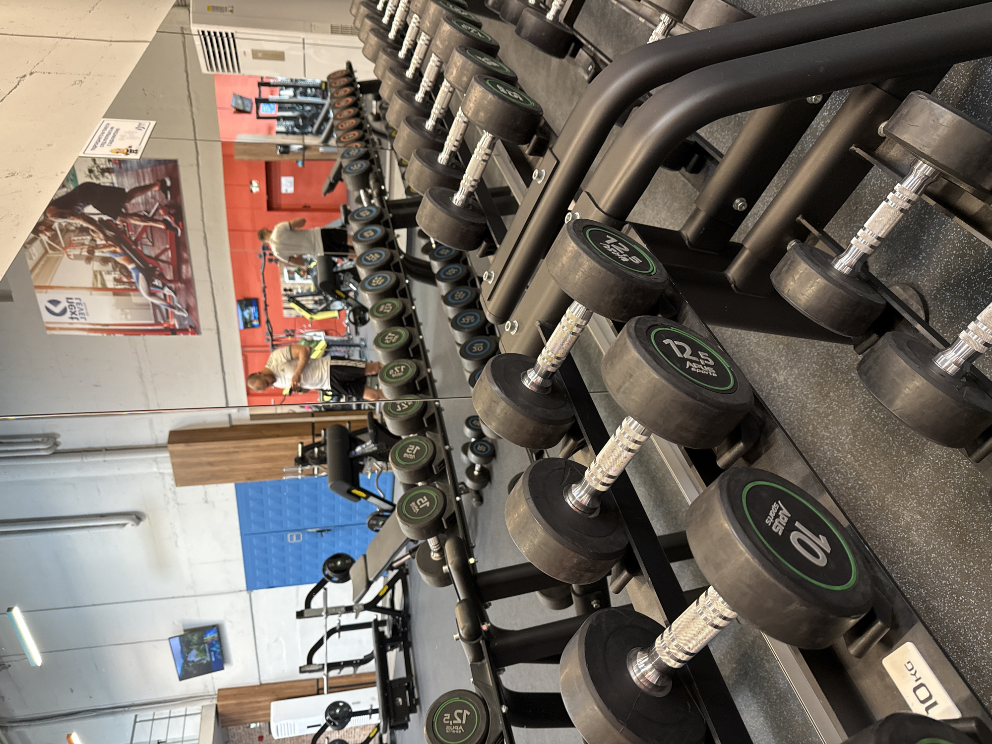 Person selects dumbbells at Sofia gym weight rack