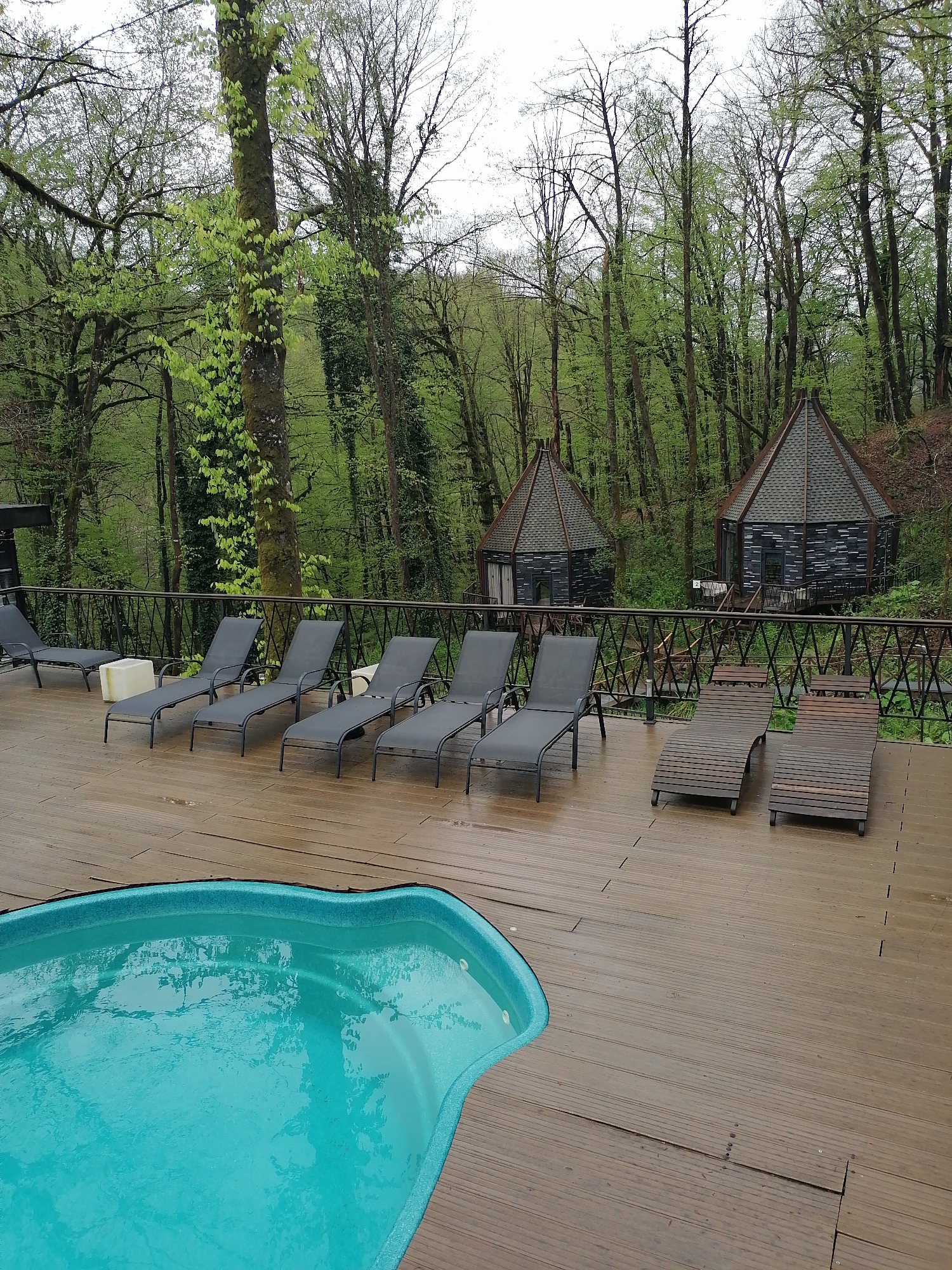 Outdoor spa facilities documented in Medoveevka forest setting