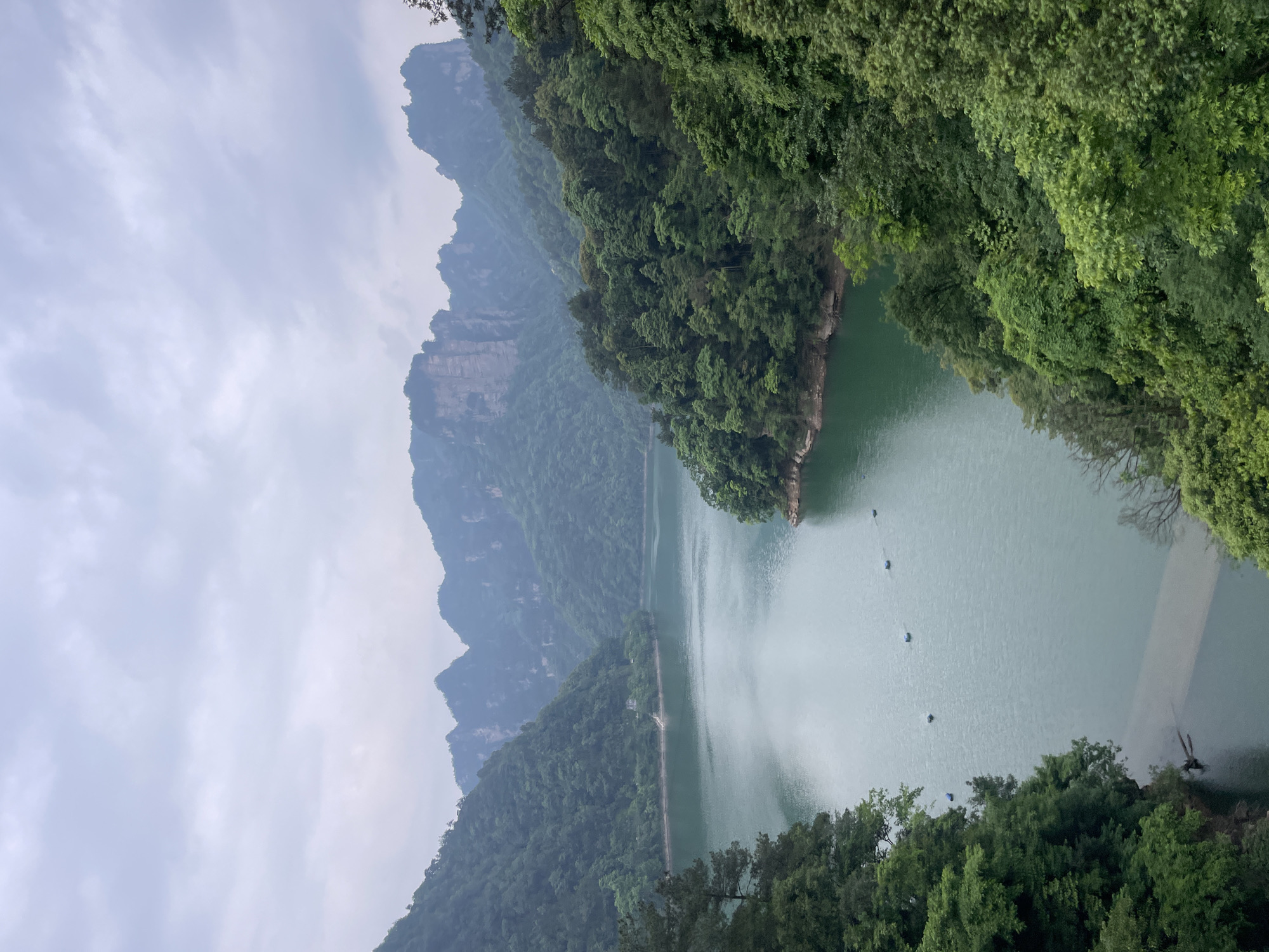 Calm lake scene captured amid green mountains in Wulingyuan