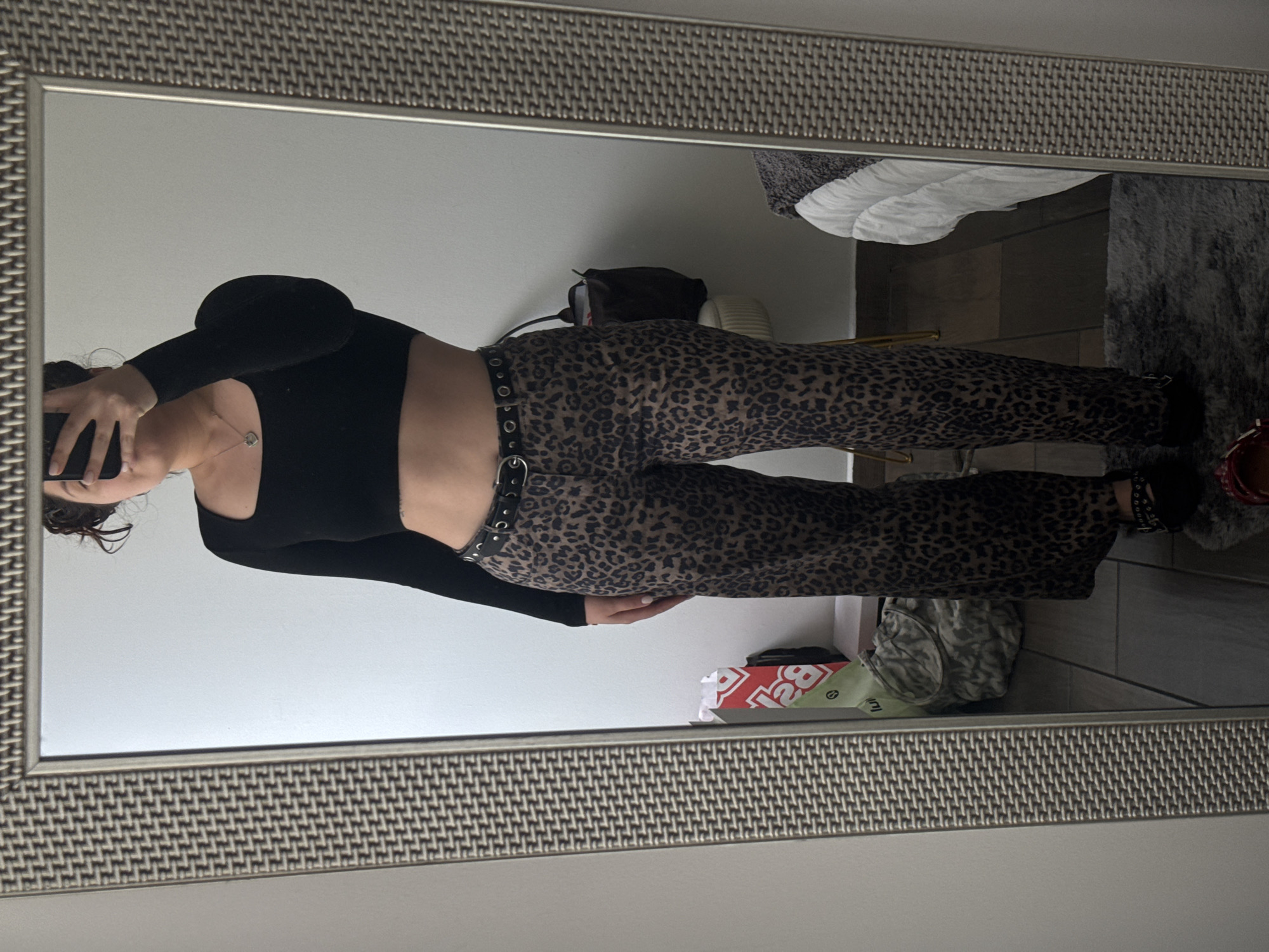 Woman Takes Mirror Selfie in Leopard Print Pants, Mexico City
