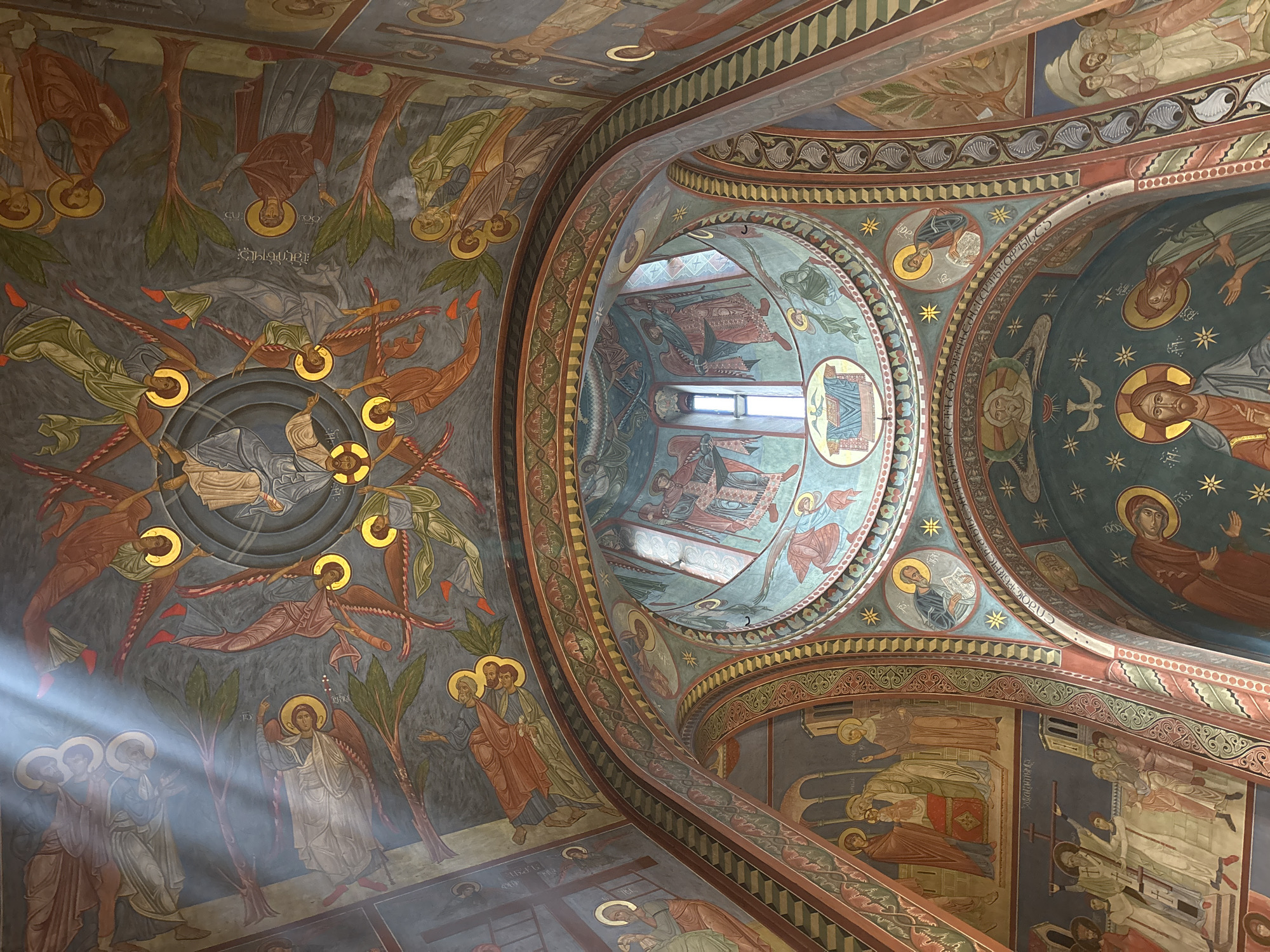Sunlight illuminates ancient frescoes inside Tbilisi Sioni Cathedral