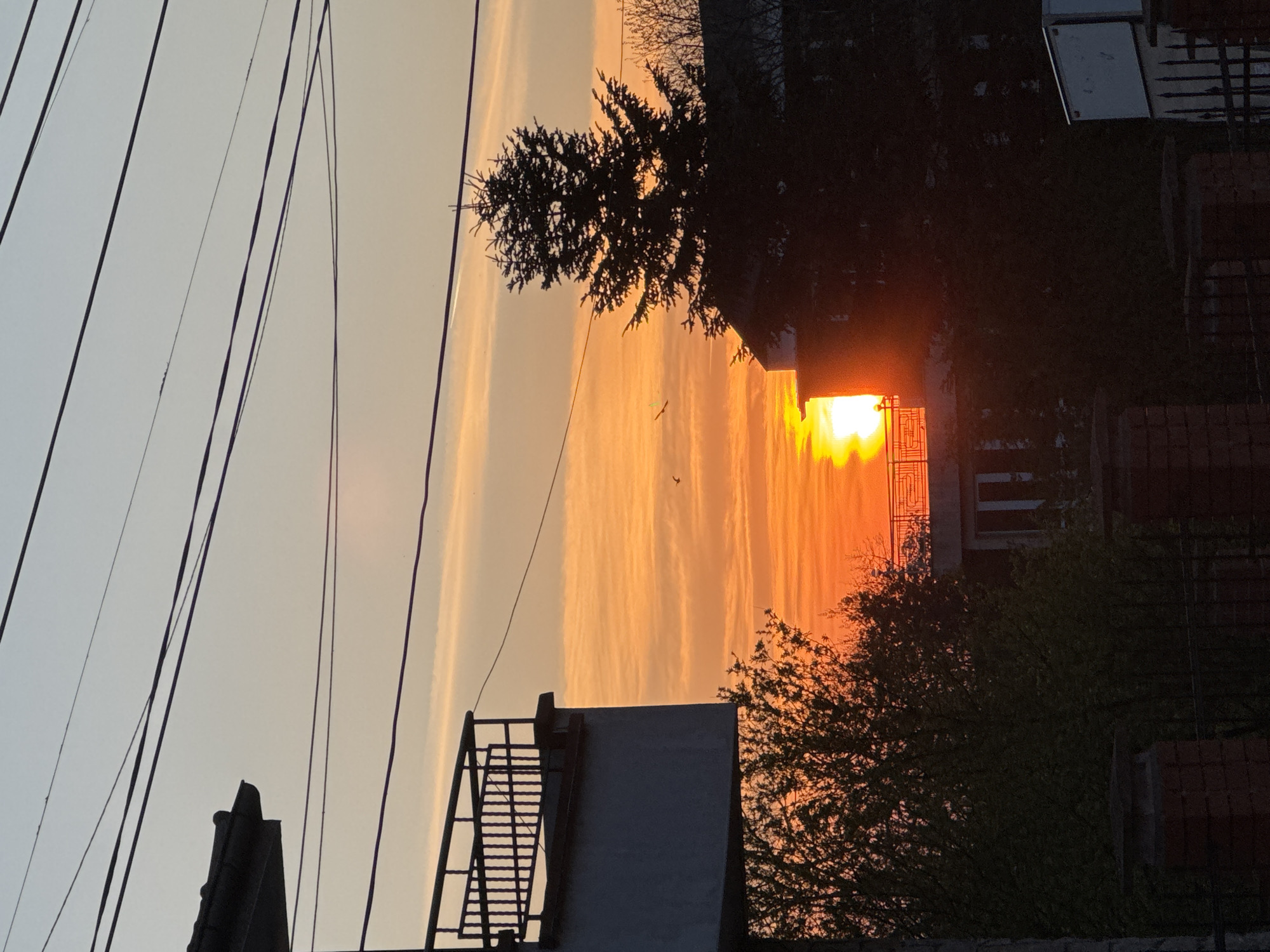 Orange sunset observed through utility lines in Burgas, Bulgaria