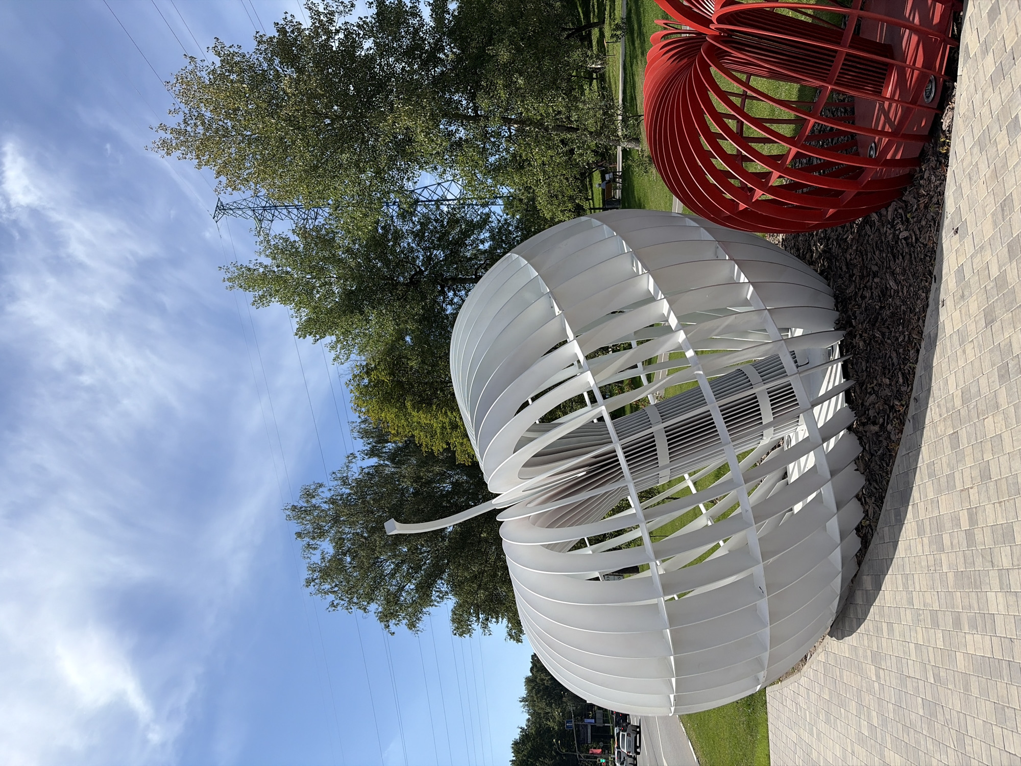 Apple sculptures and real crabapples in a Khimki park
