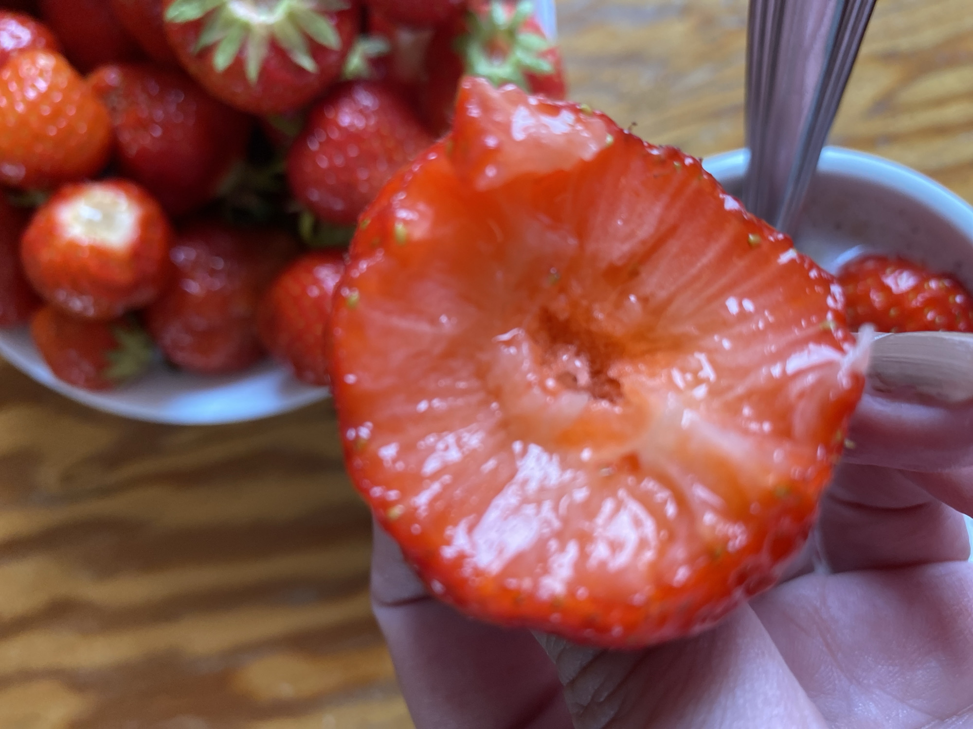 Morning strawberry breakfast preparation documented in Bílina, Czech Republic