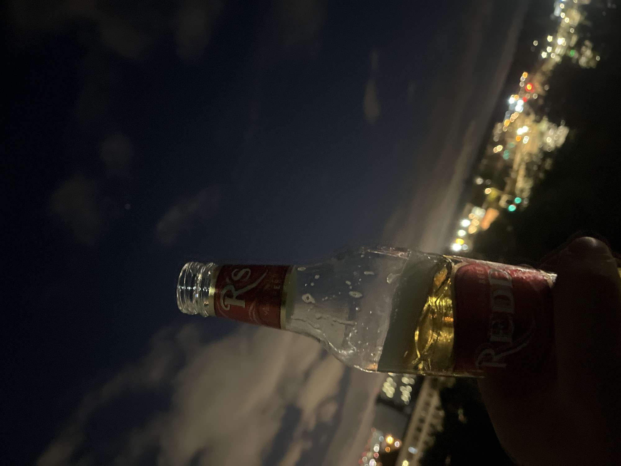 Beer bottle raised against Mytishchi's night skyline