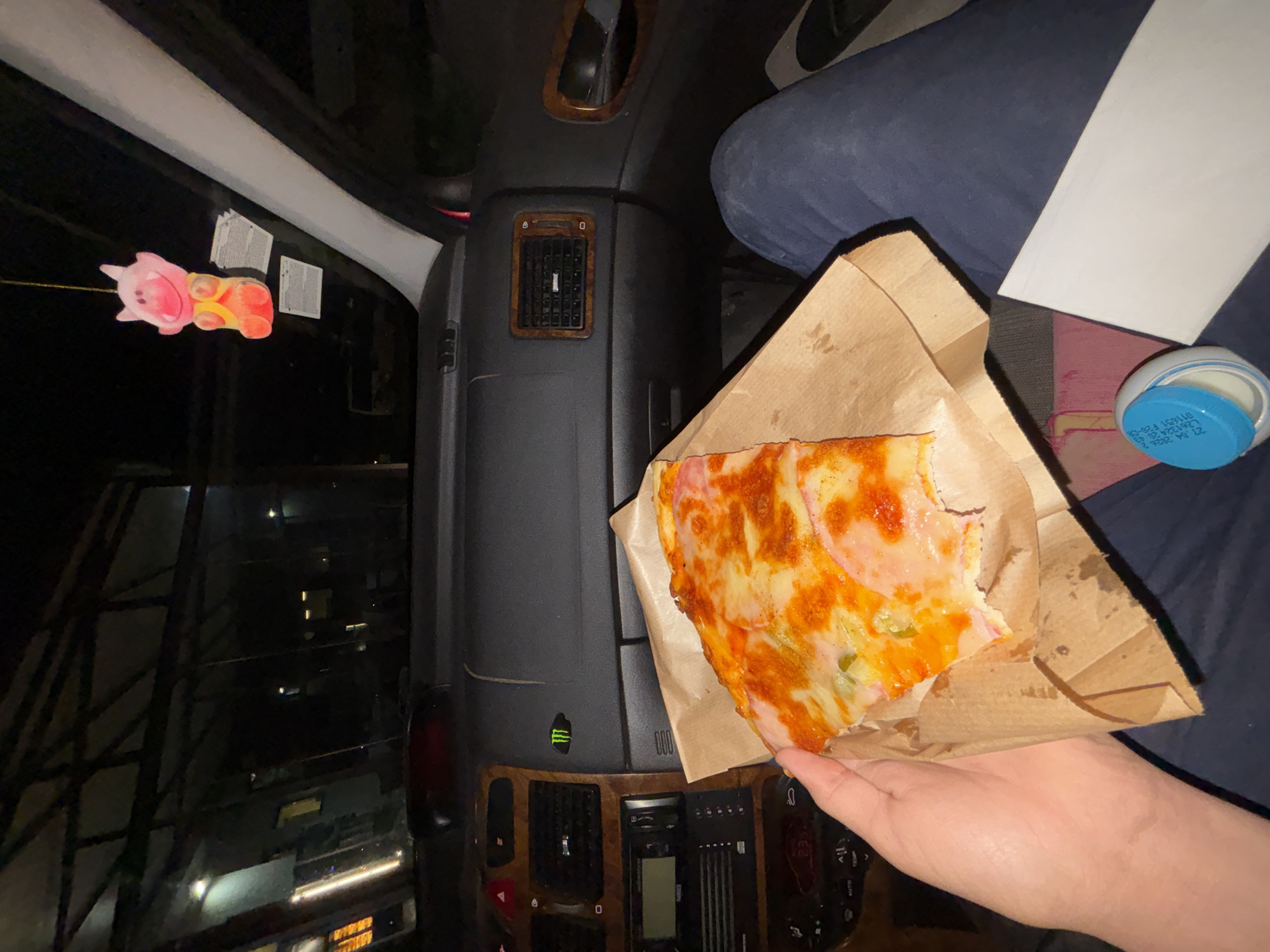 Pizza slice held in vehicle early morning hours