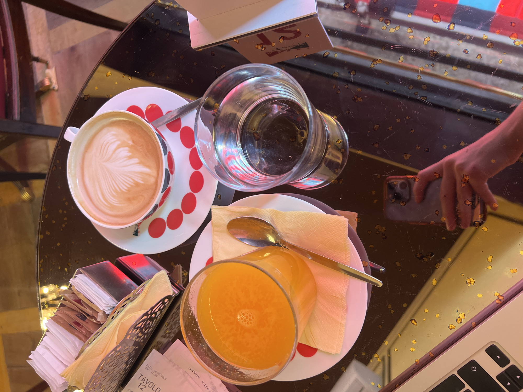 Morning cafe visit documented in Milan's historic district