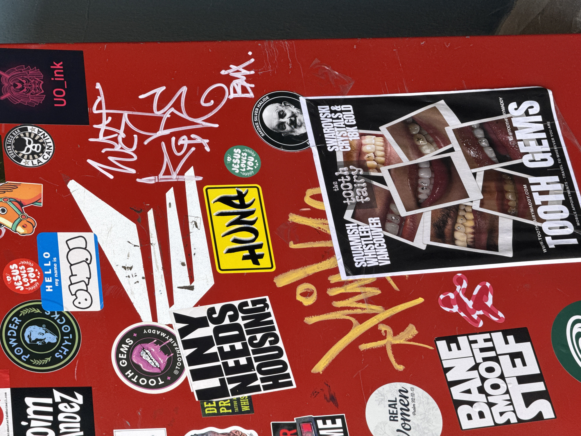 Sticker-covered public surfaces documented across Whistler