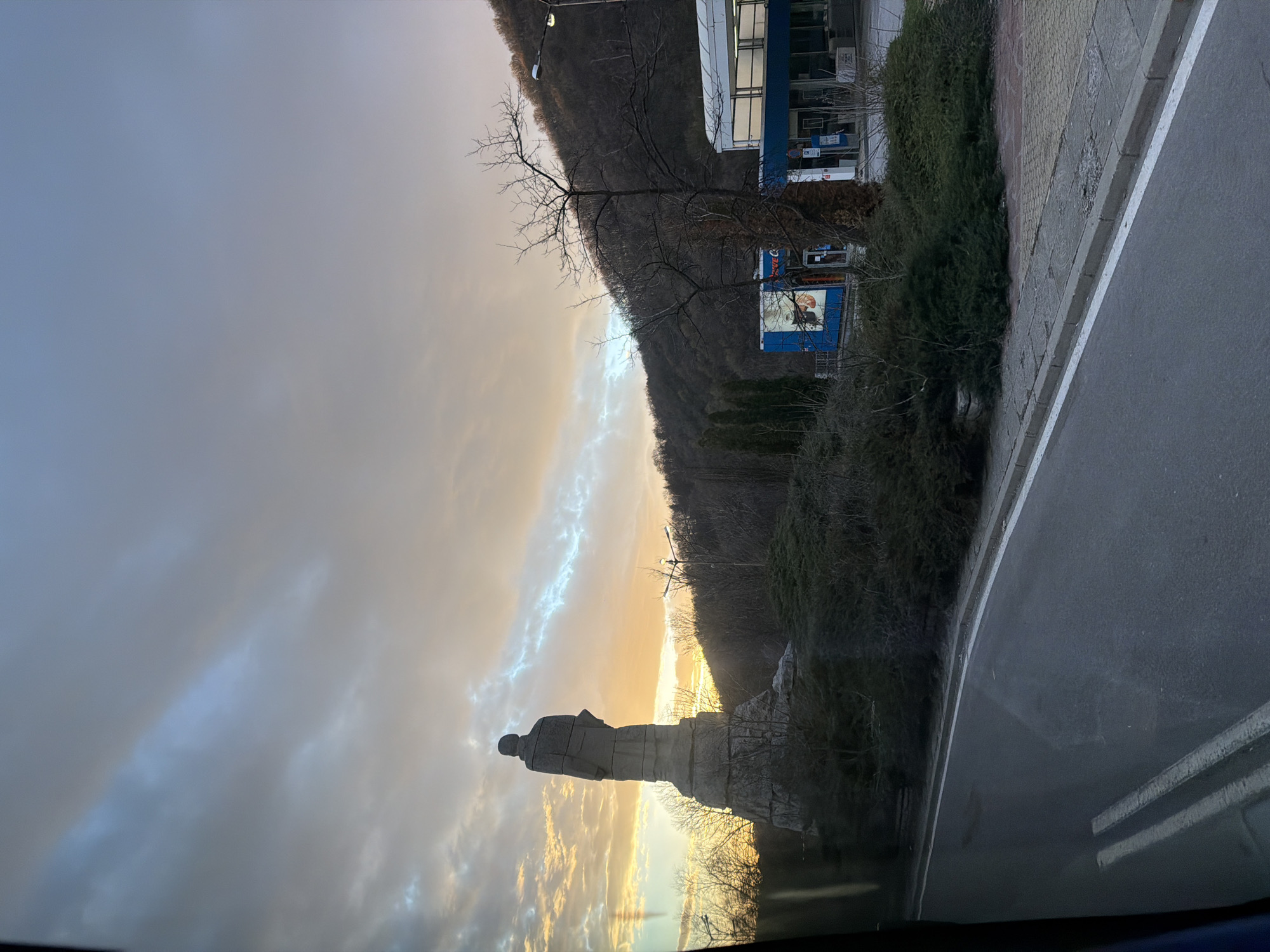 Dawn landscape with statue photographed in Sofia, Bulgaria