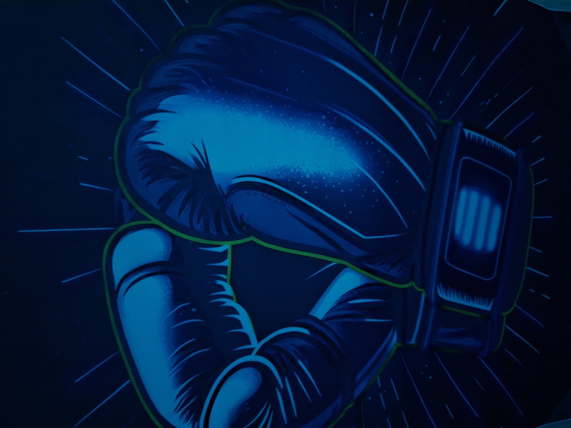 Digital artwork featuring boxing glove and urban characters observed