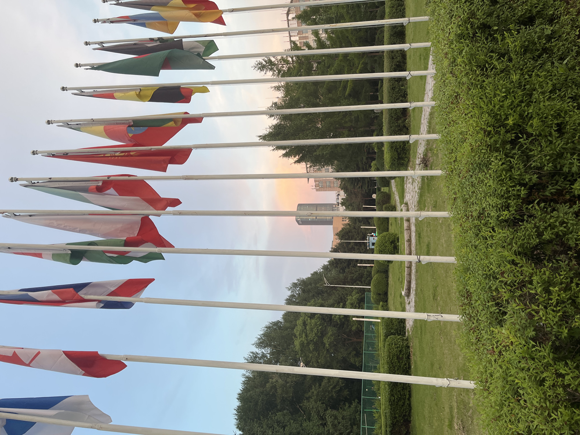 International flags displayed at government building in Changchun, China