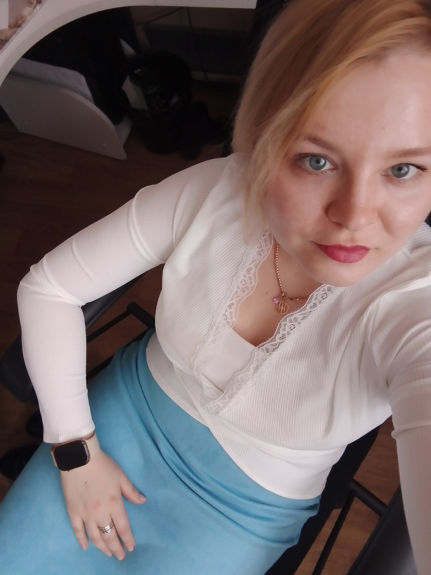 Woman photographed in office chair in Izhevsk, Russia