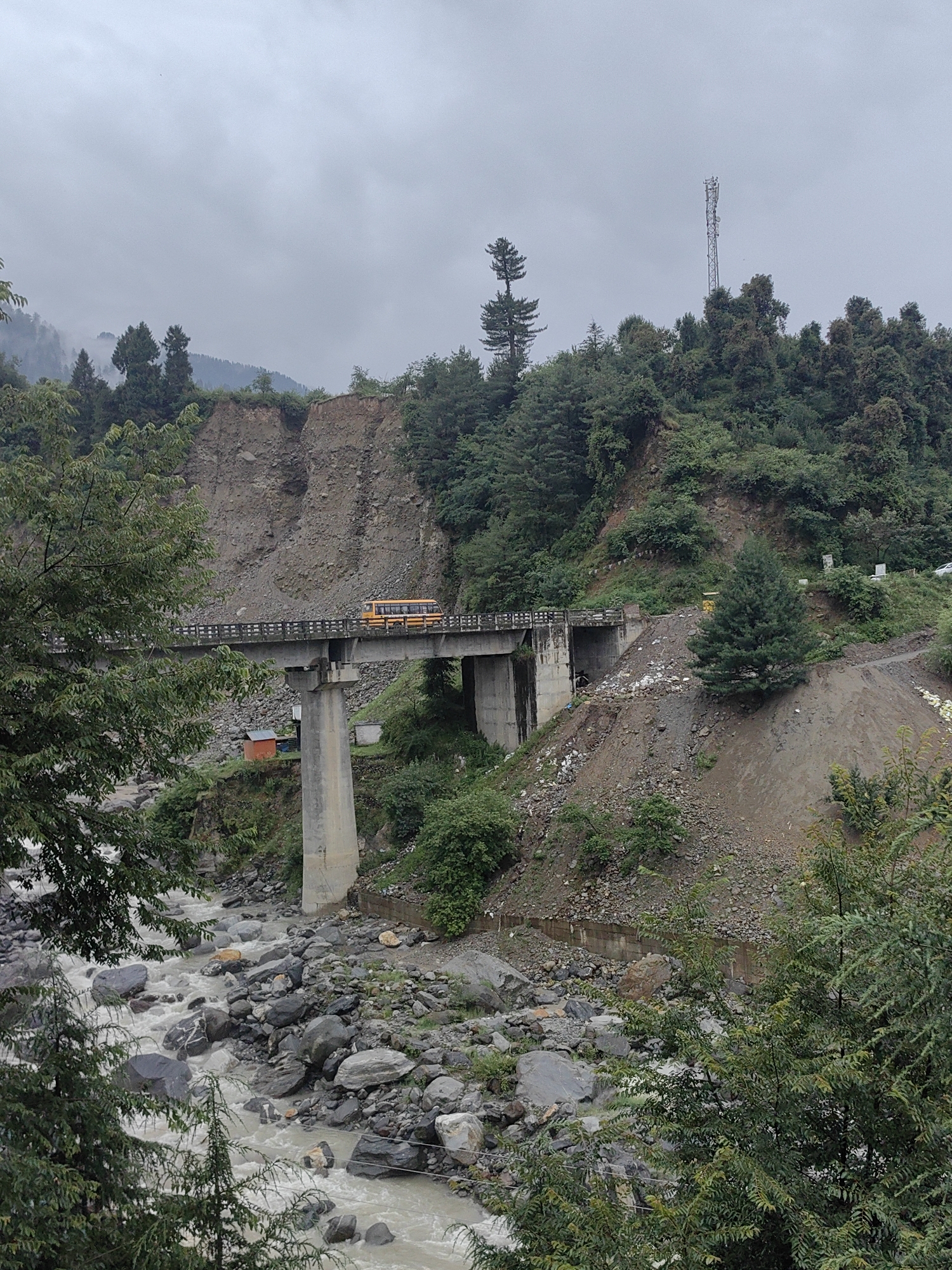 Misty morning in Aleo: bridge, hillside hotel, and pine slopes