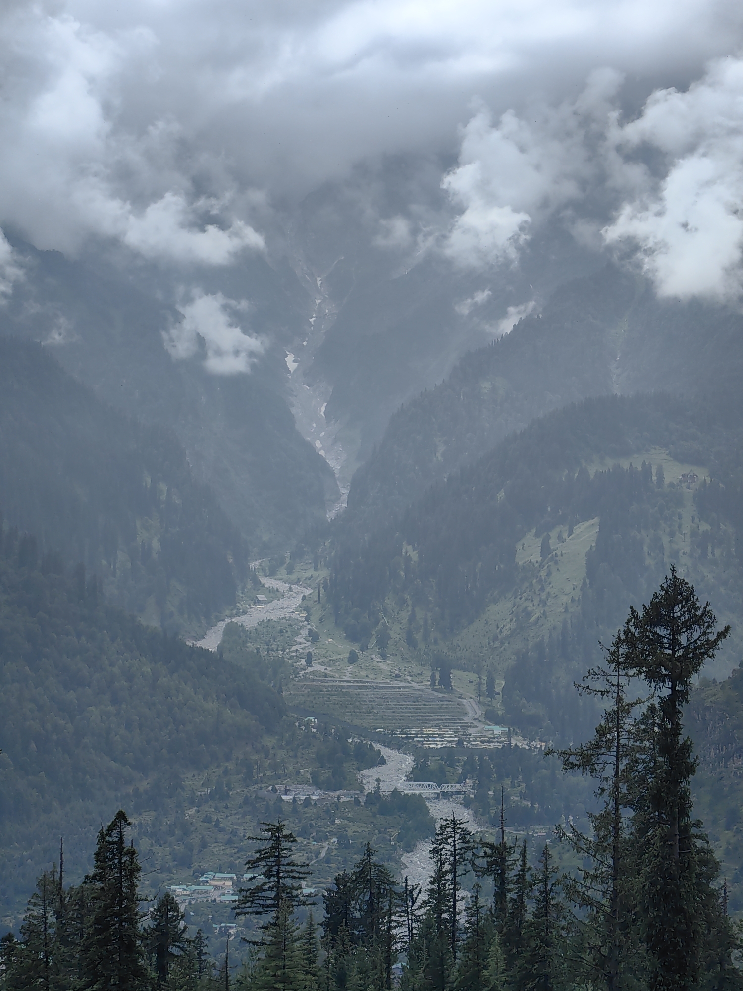 Cloudy skies over Solang's pine-covered mountain valley