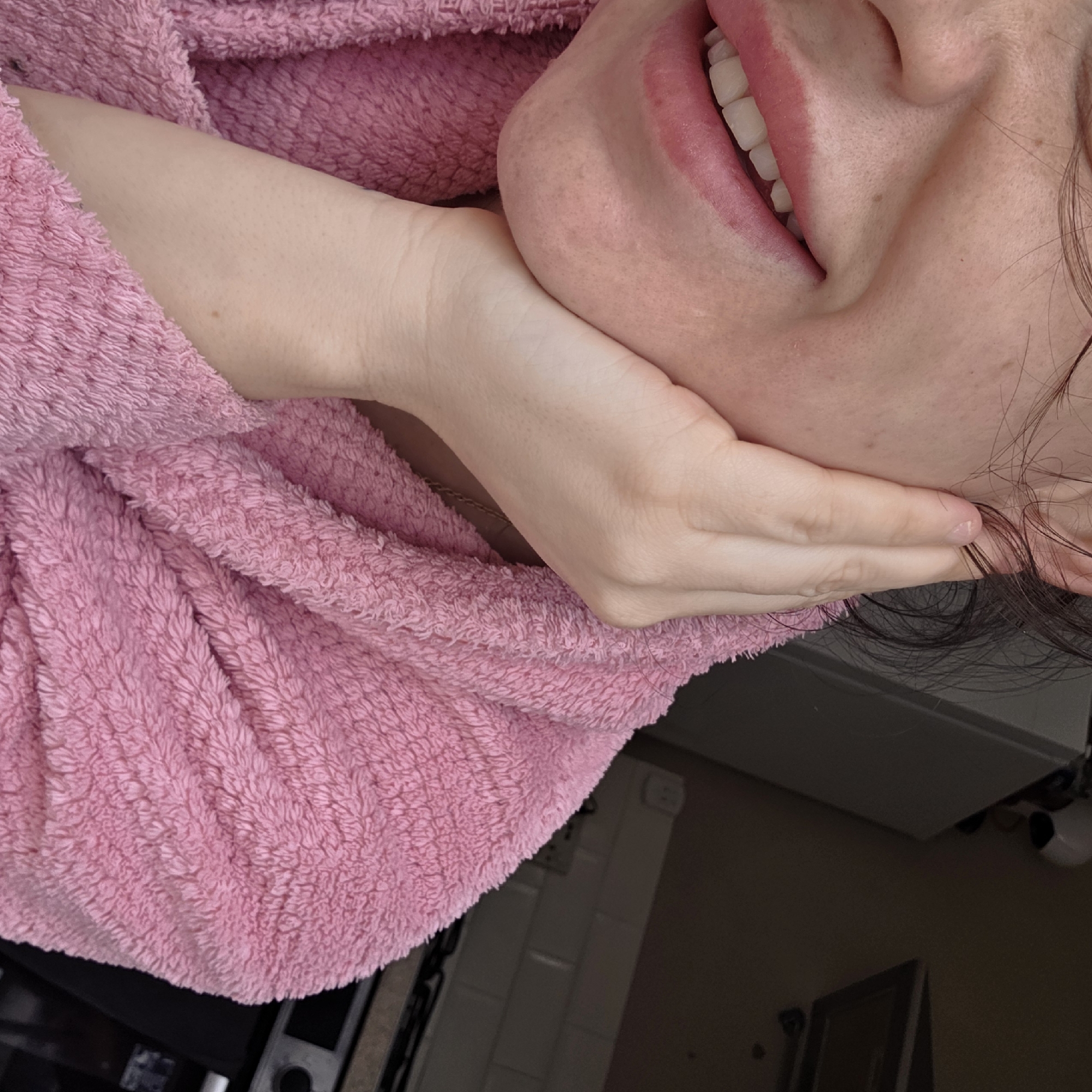 Portrait moment captured in pink robe, Harrogate morning