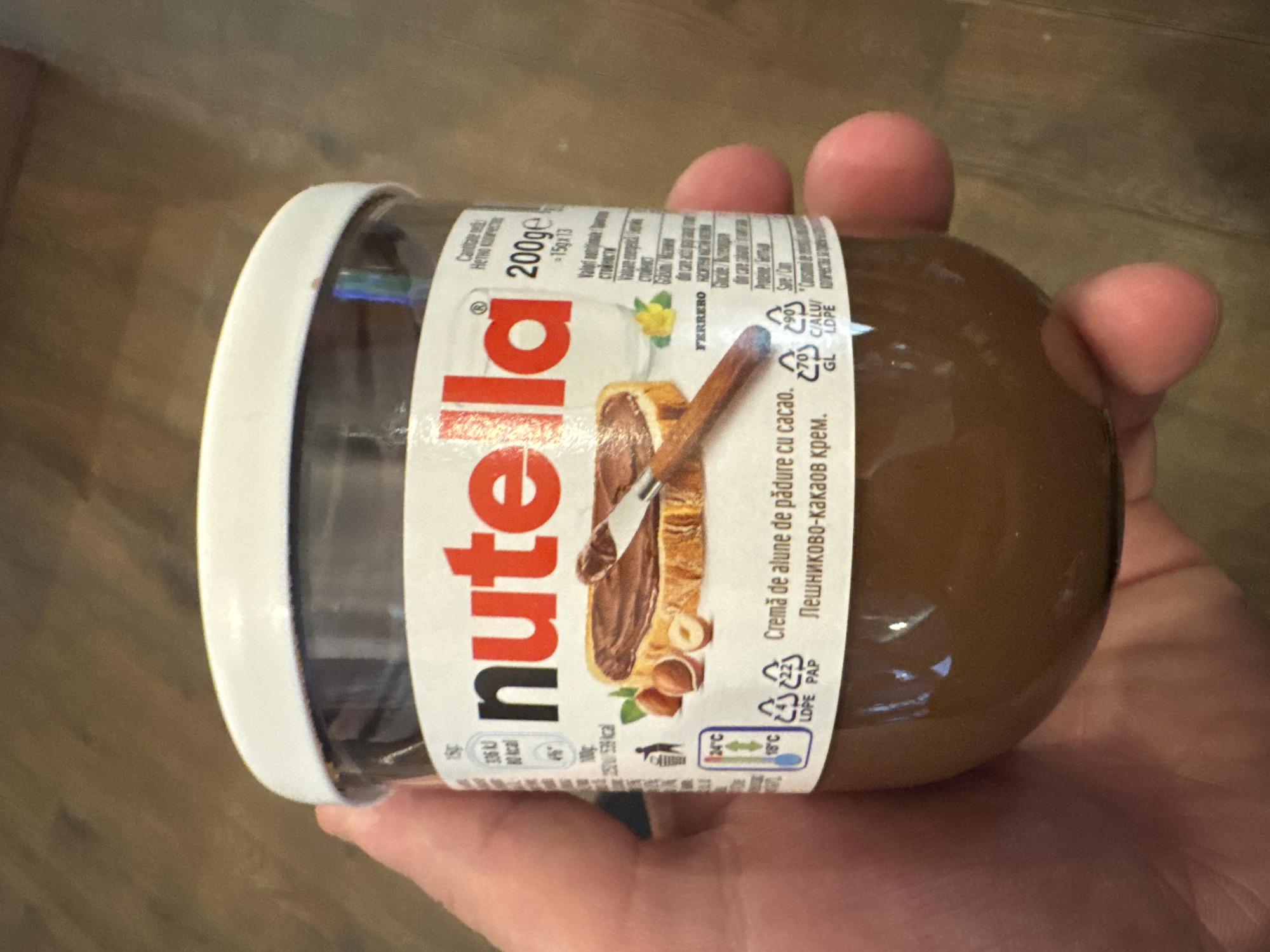 Person holds Nutella jar in Blagoevgrad, Bulgaria
