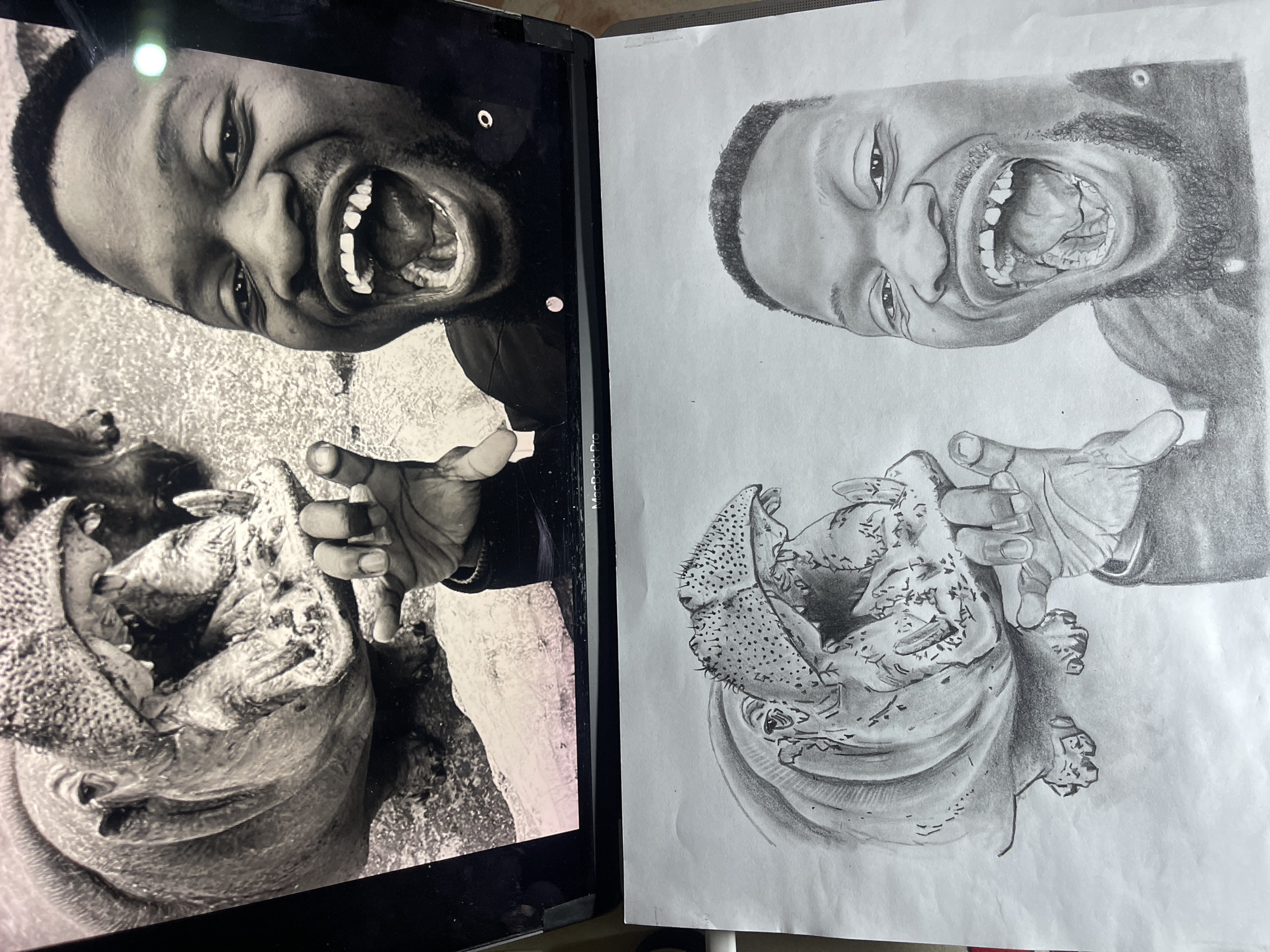 Artist creates pencil drawing from laptop photo in Jos