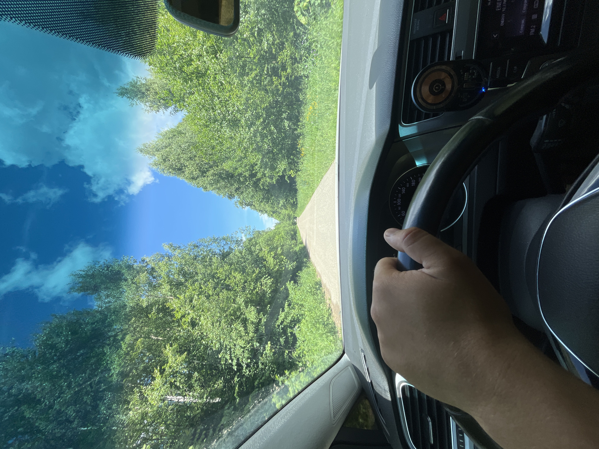 Driver travels tree-lined road in Vasilyevo under clear skies