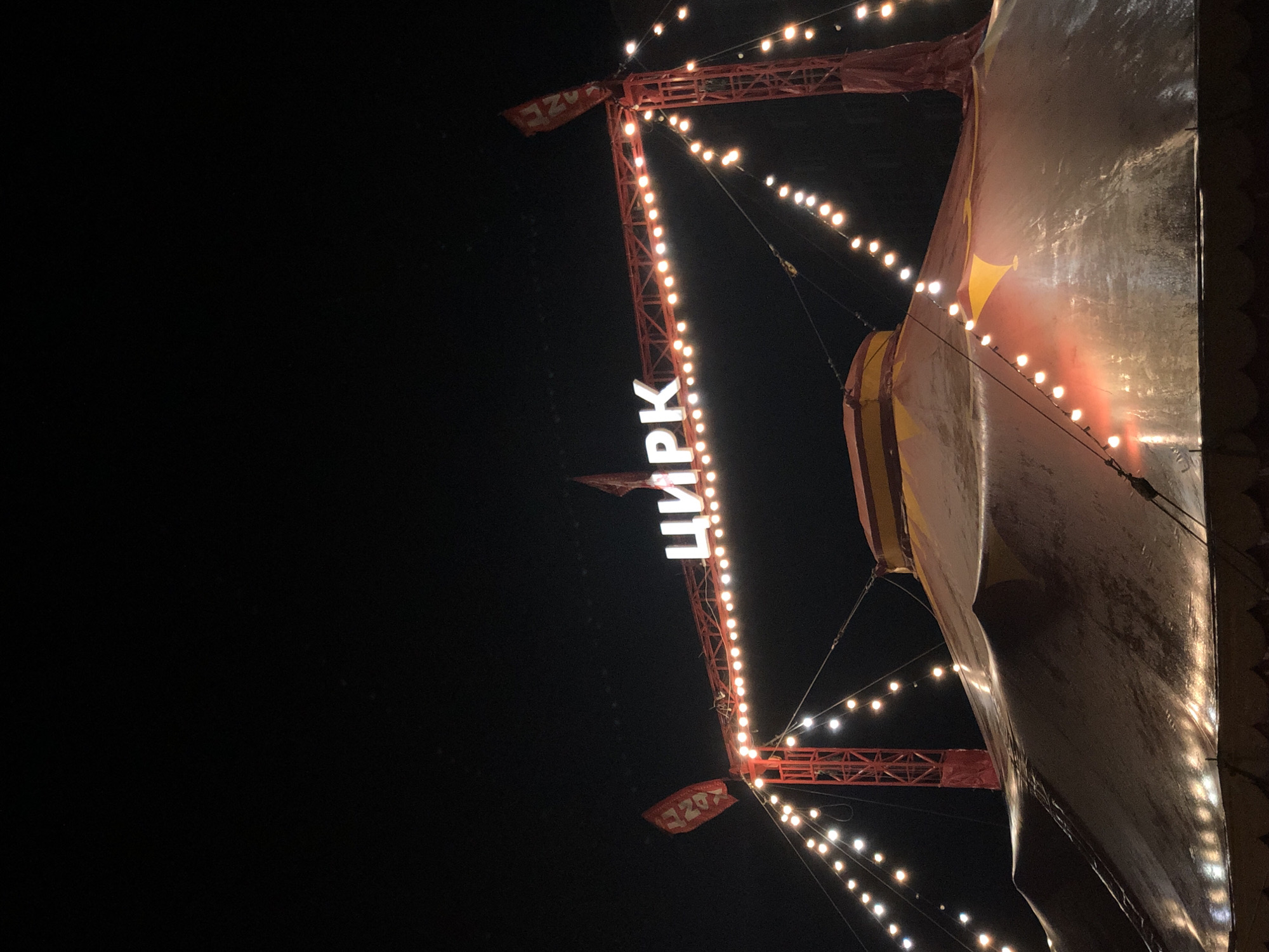 Circus night in Petropavlovsk-Kamchatsky, lights and wet streets