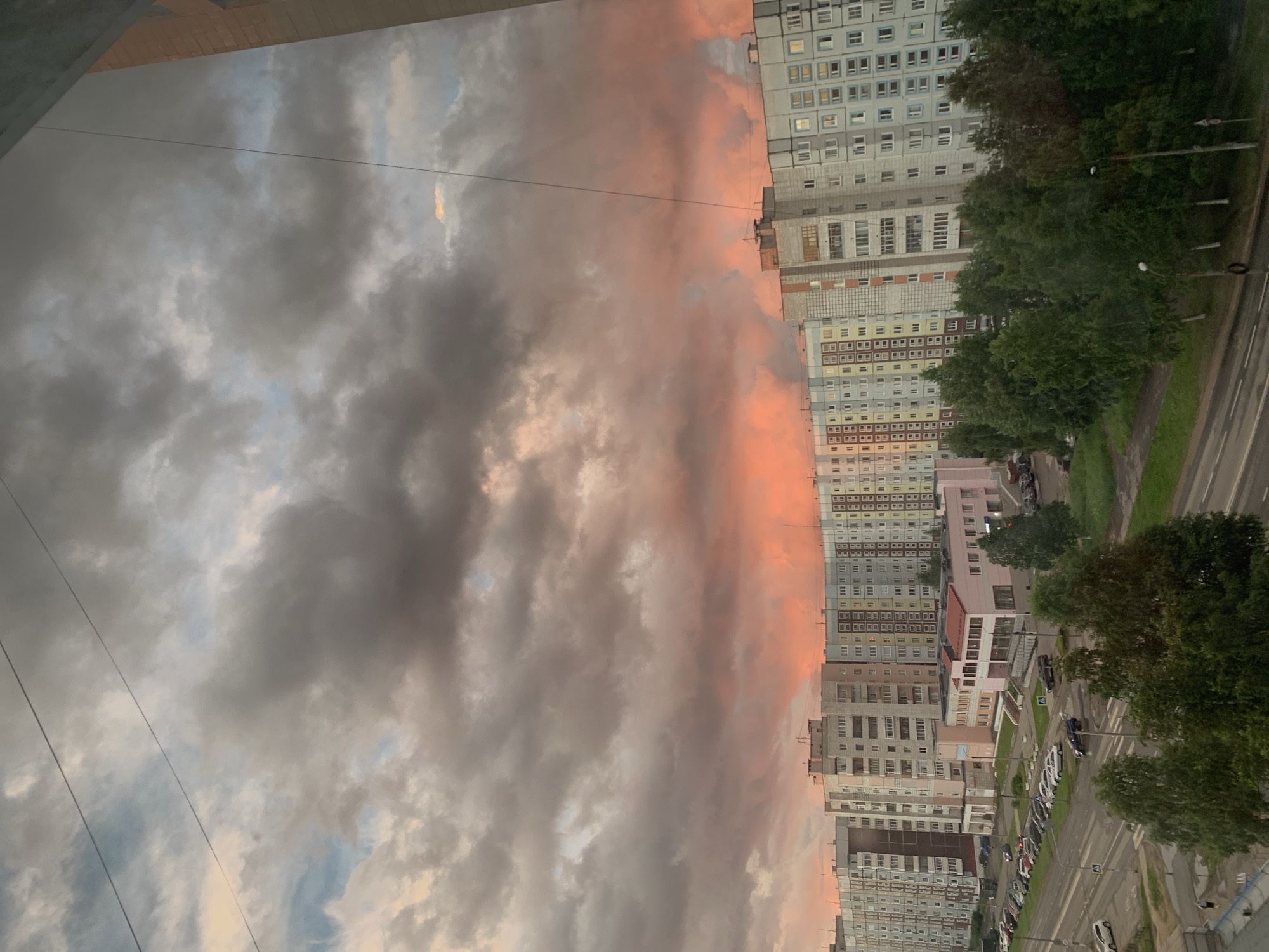Severodvinsk skyline at sunset on midsummer evening