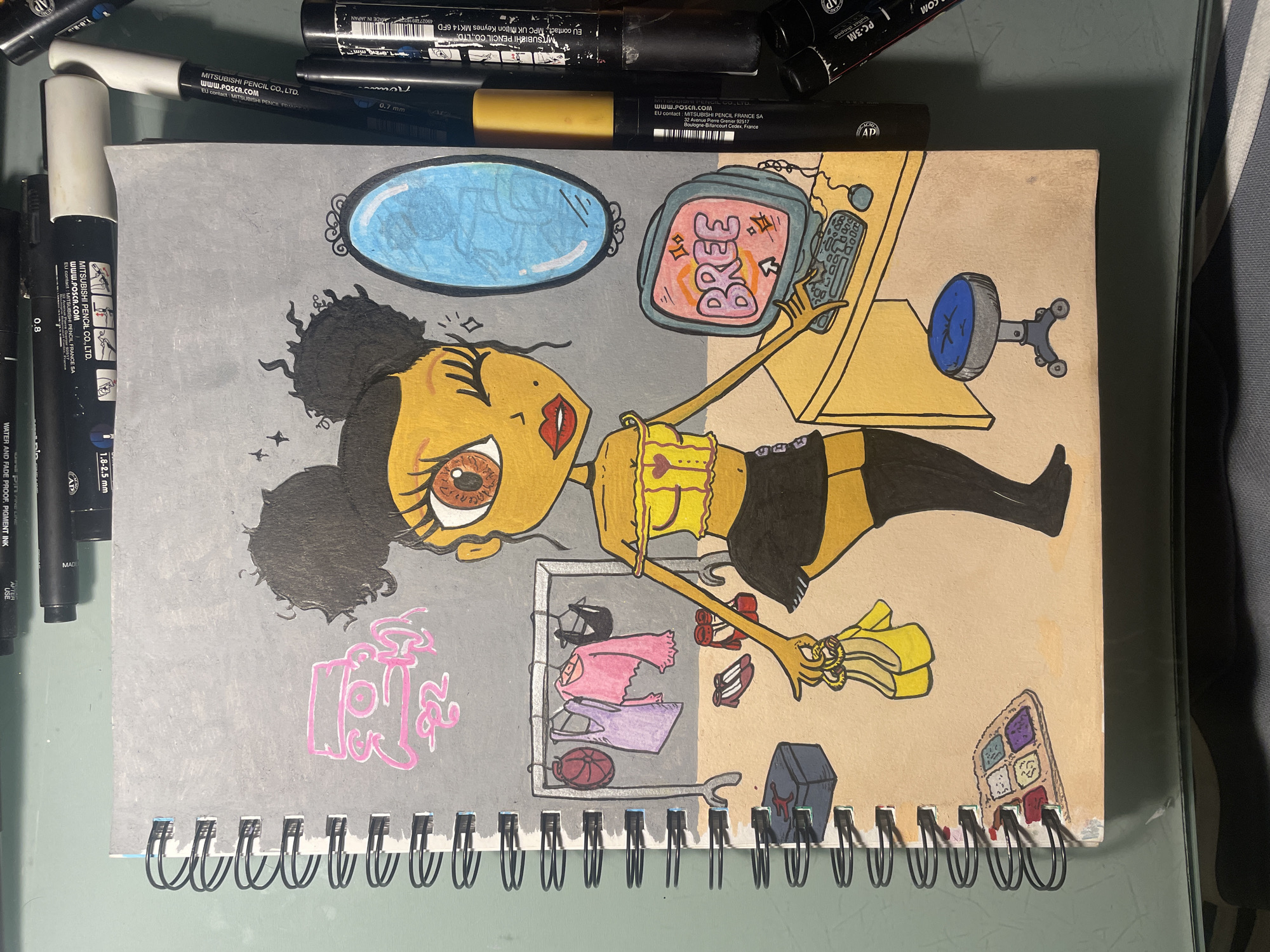 Cartoon drawing of woman documented in notebook in Argentina