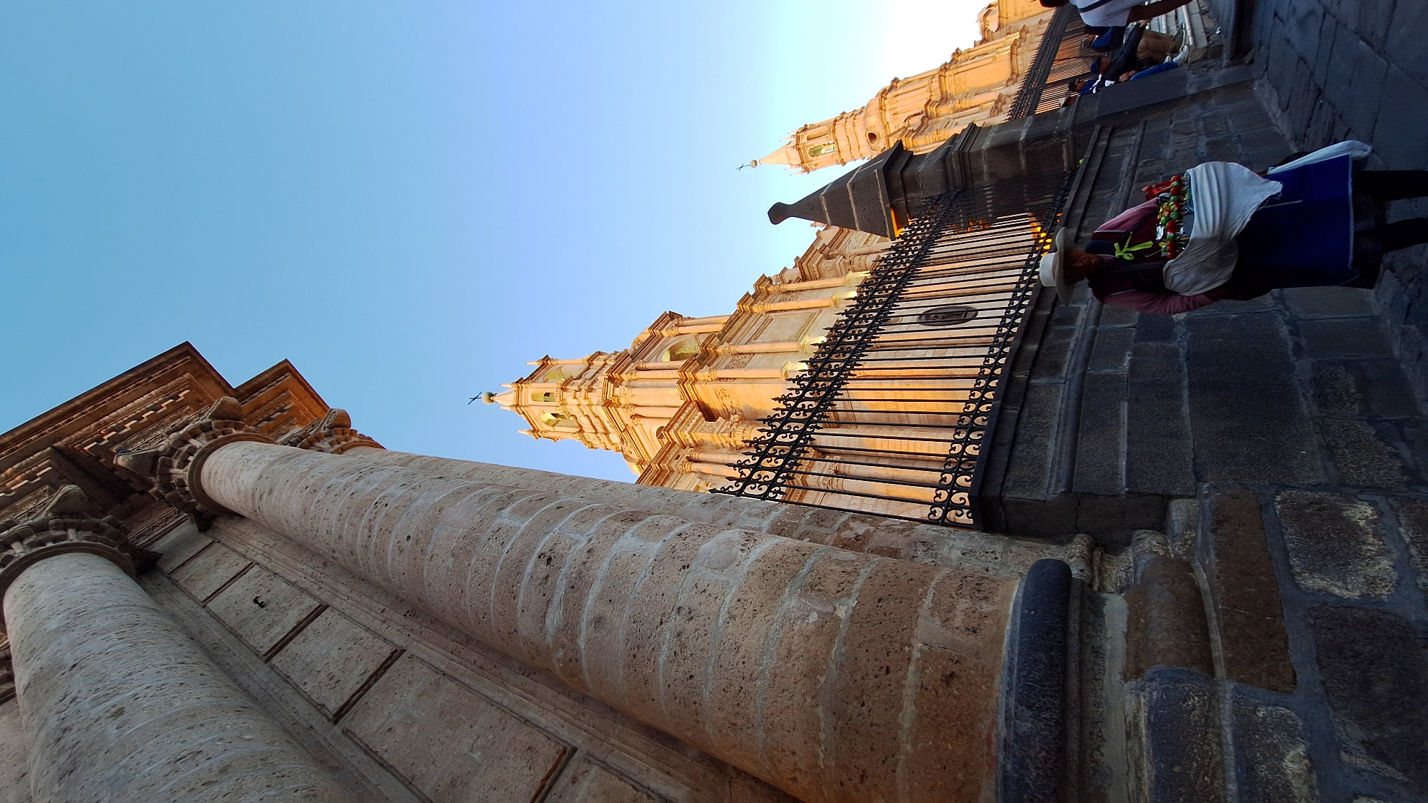 Cathedral photographed against clear sky in Arequipa, Peru