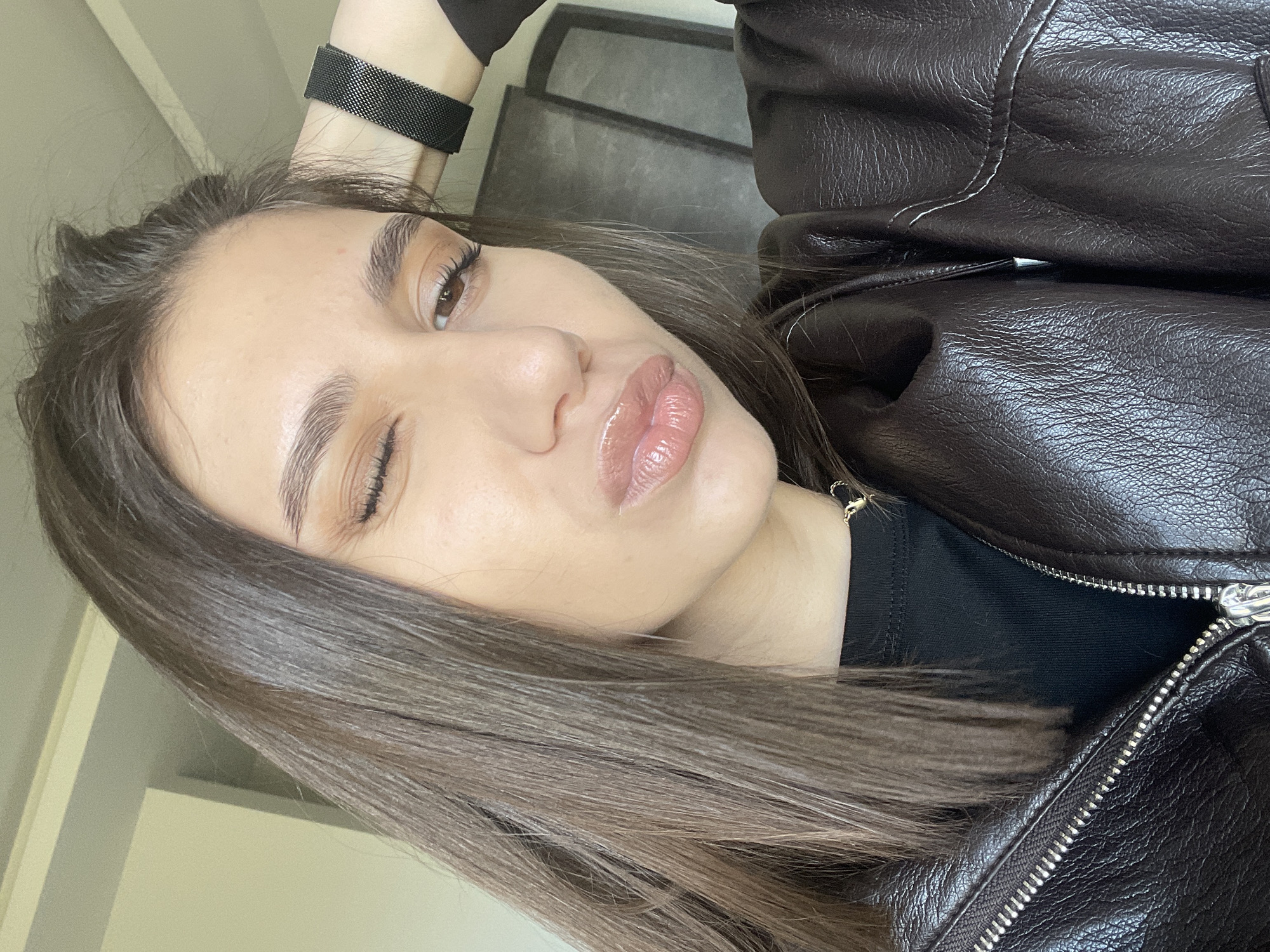 Woman in leather jacket photographed multiple times in Sofia