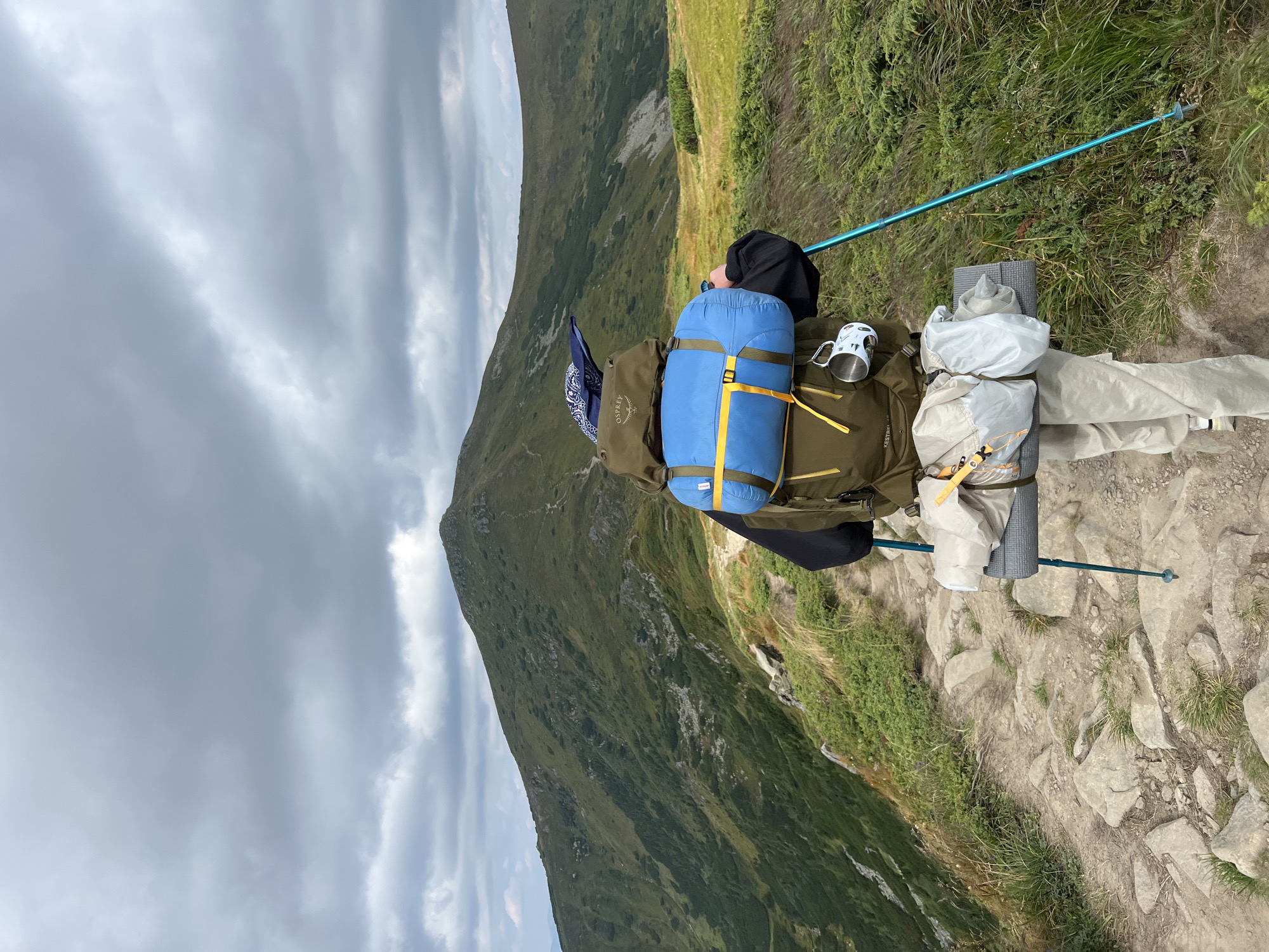 Hiking through the Carpathian mountains near Luhy, Ukraine