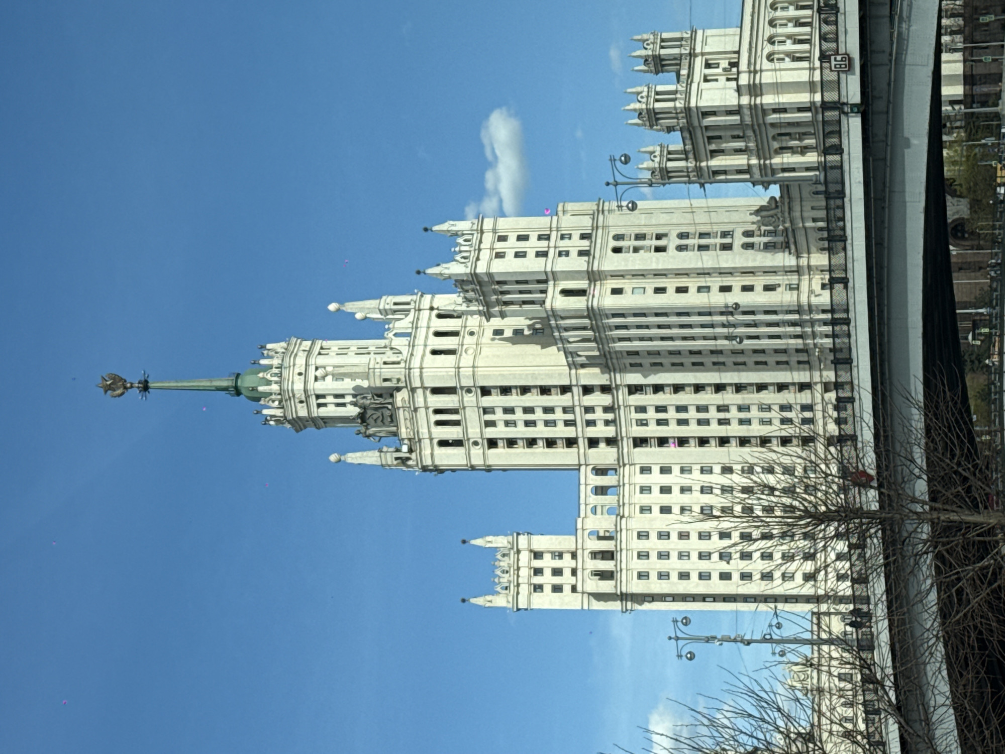 Moscow skyline and Stalinist architecture observed from city bridge