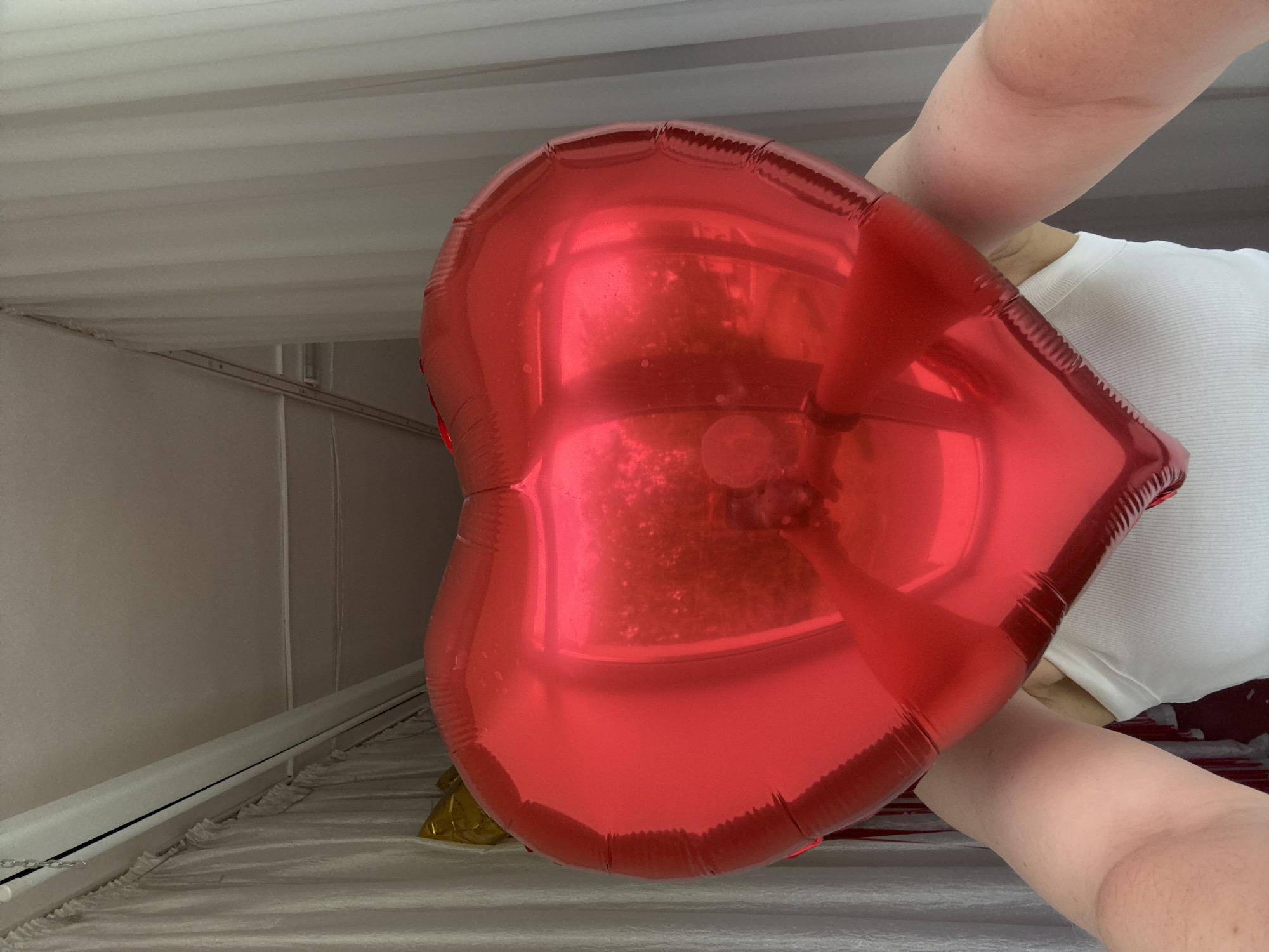 Woman poses with heart balloon, chihuahua in Chaikovsky home
