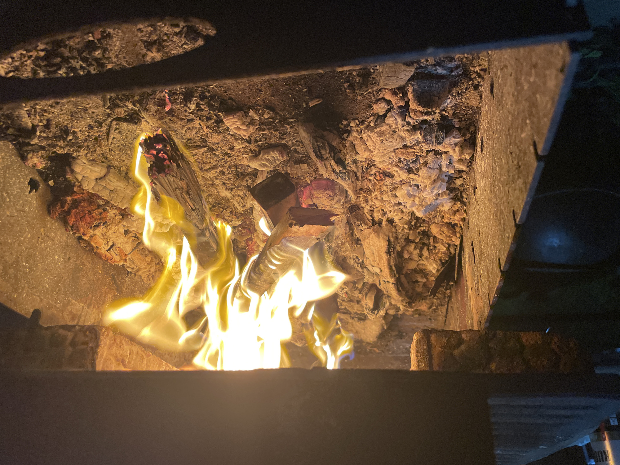Backyard fire, smoker grill, and a heterochromatic cat in Khokhryaki