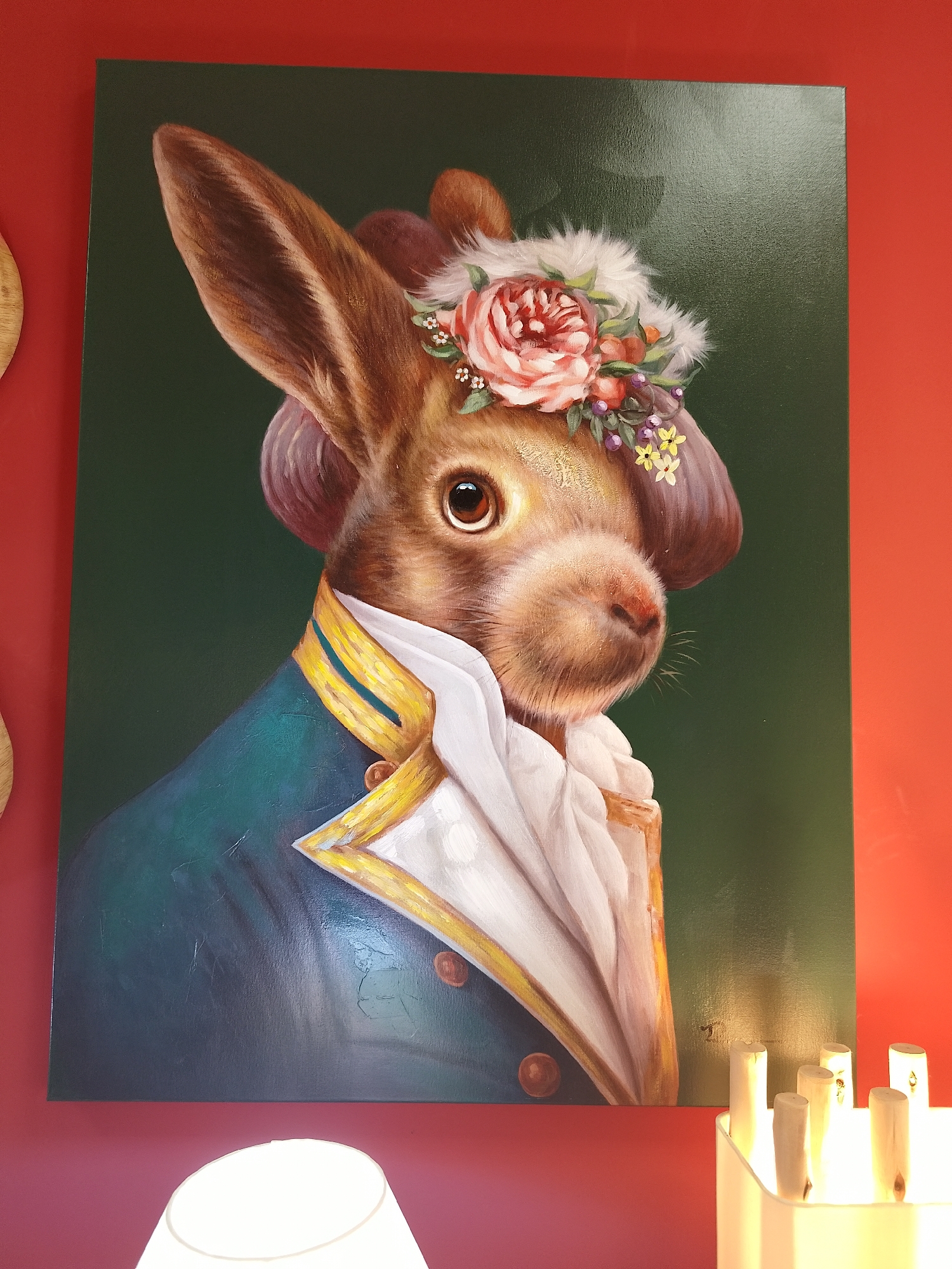 Formal rabbit portrait spotted on red wall