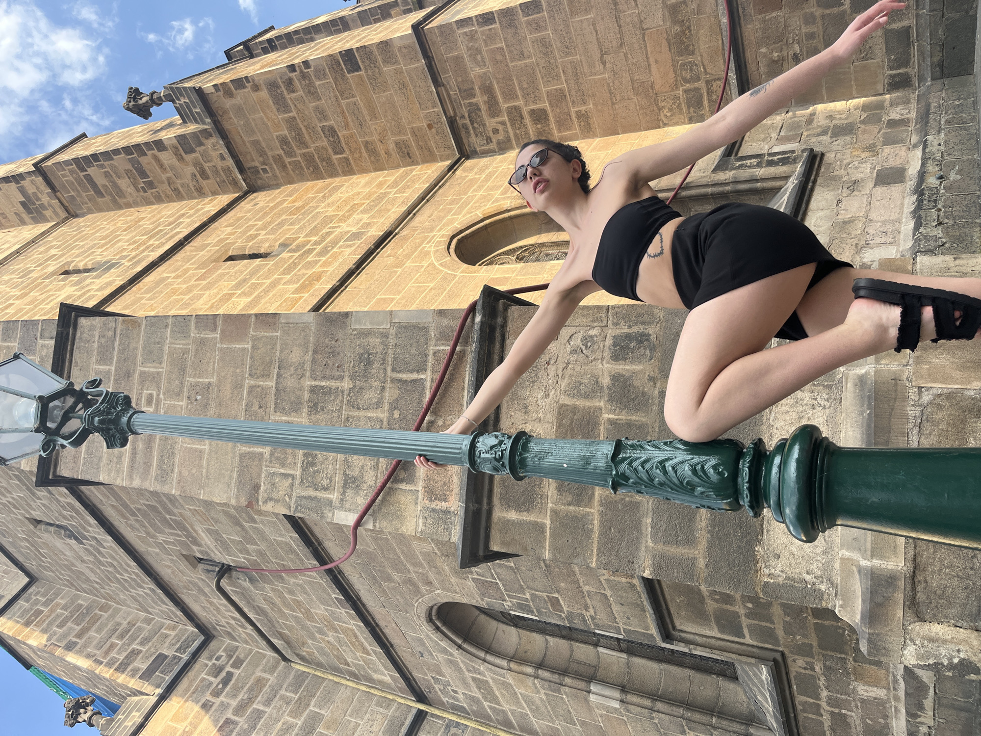 Posing around Pilsen's main square landmarks on a summer afternoon