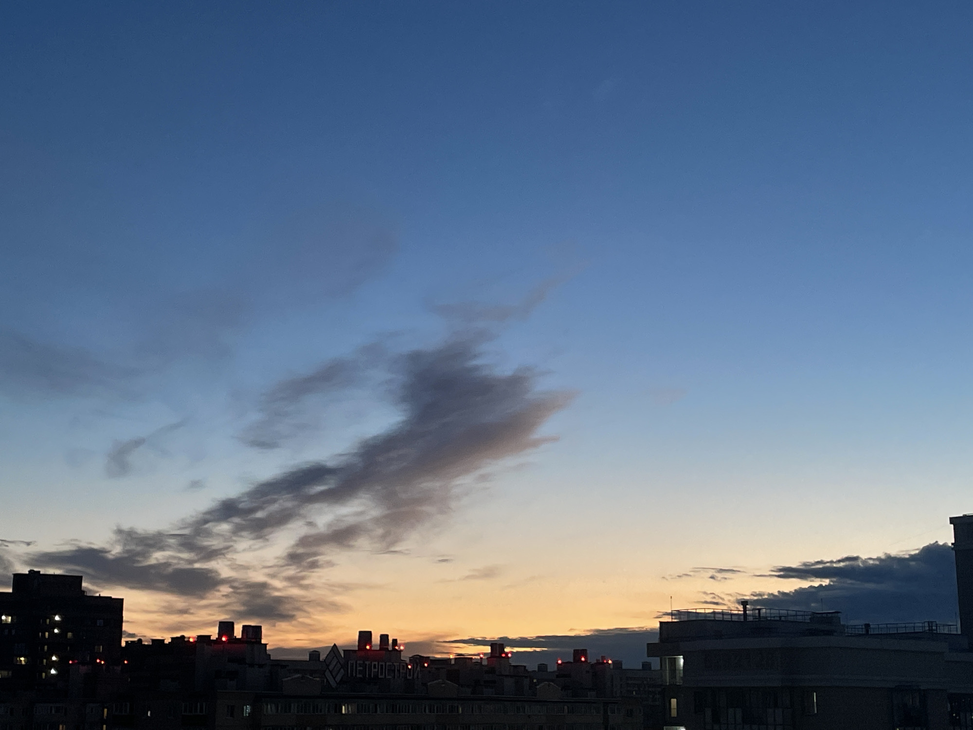 Russian city at dusk, with a cat at home