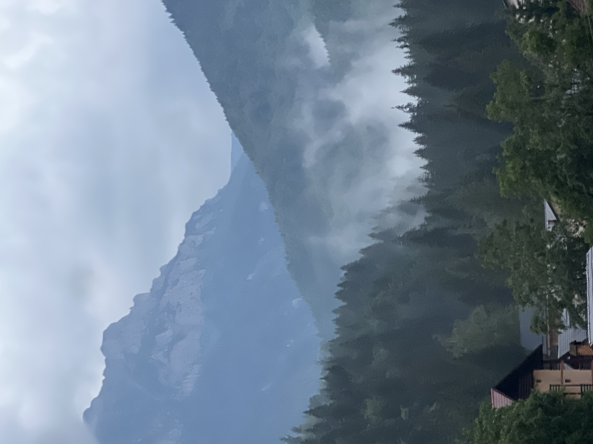 Foggy mountain village surrounded by dense forest on a cloudy day