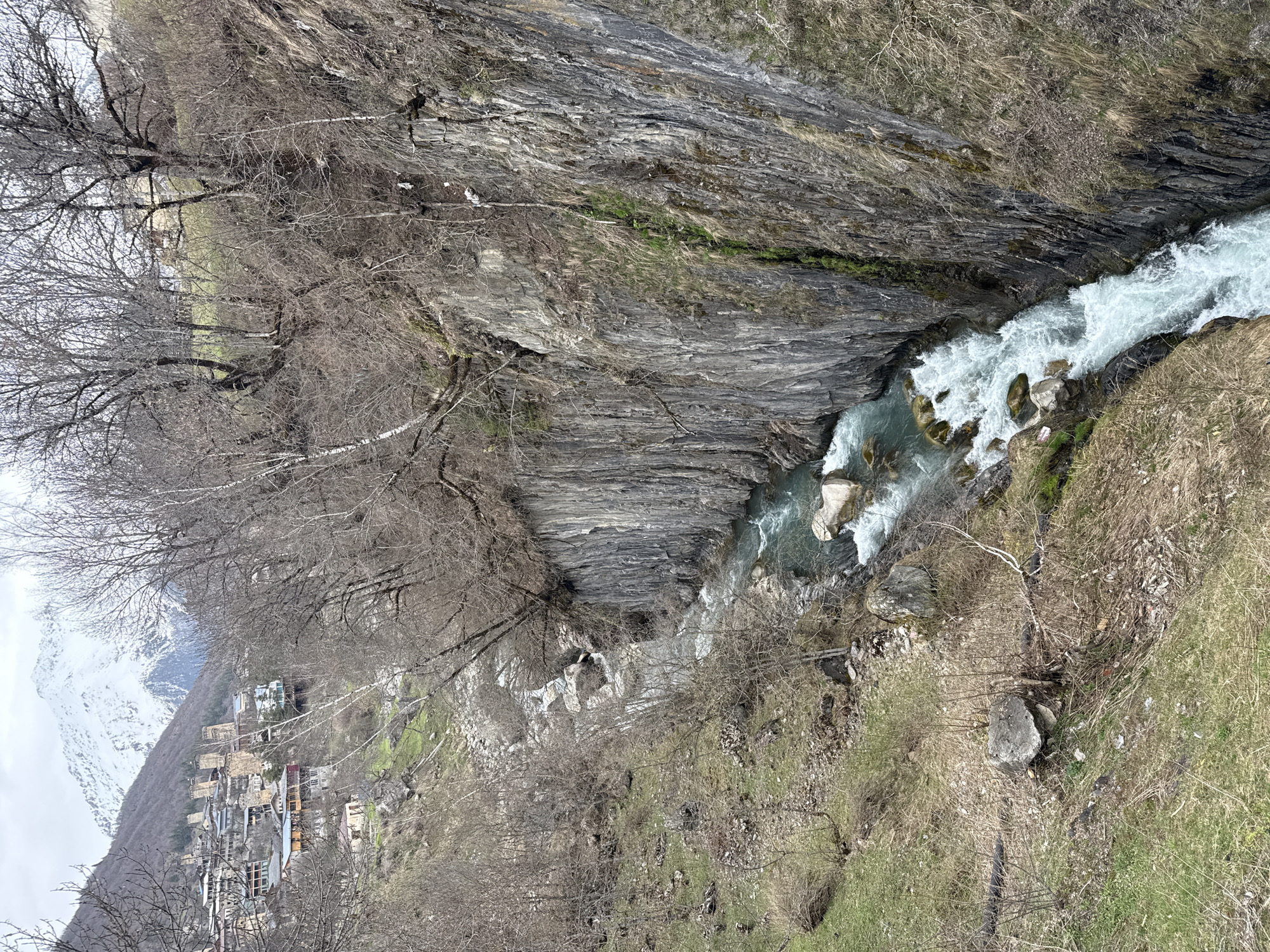 Rapids observed flowing through rocky gorge near Mestia, Georgia