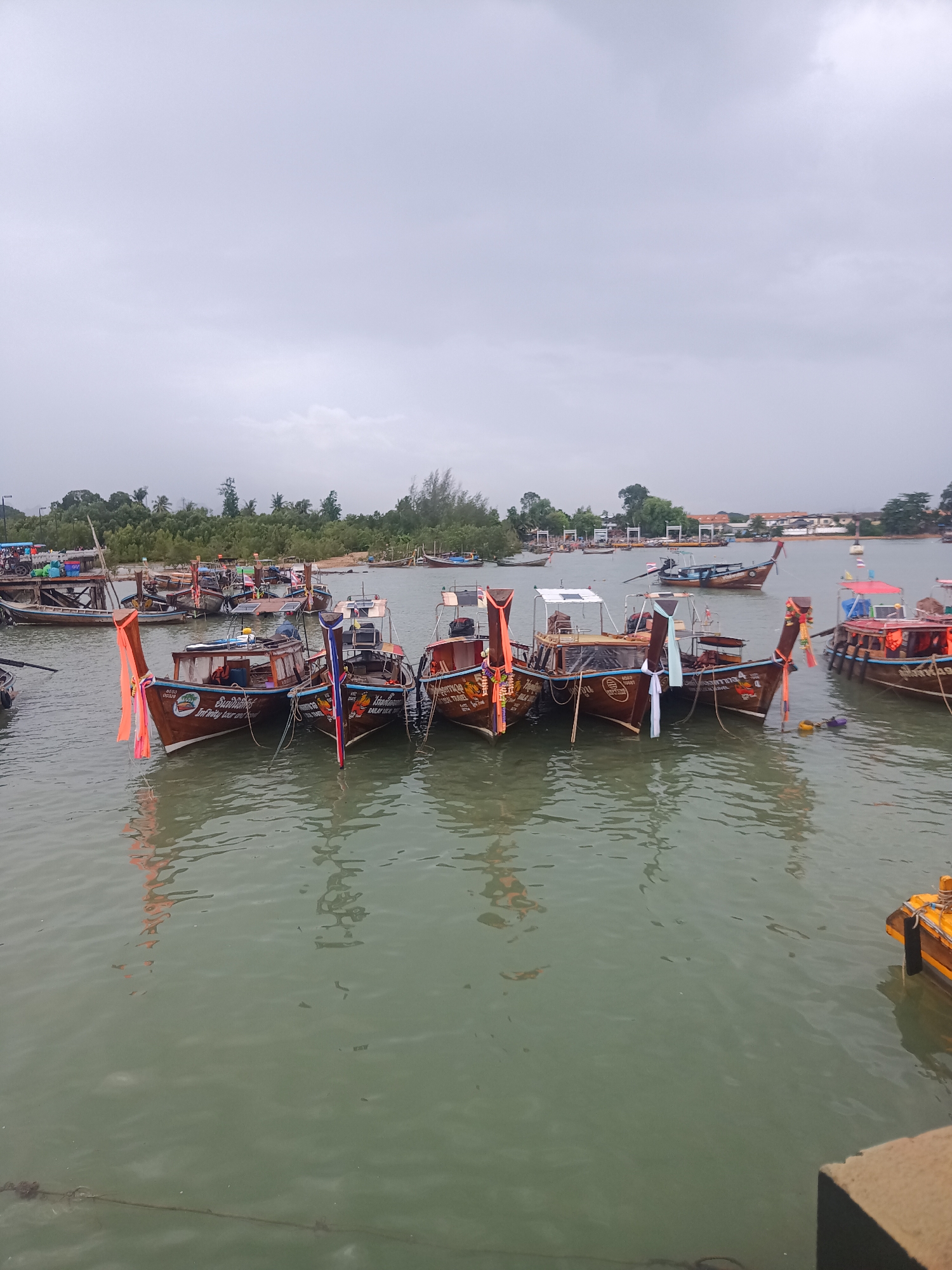 Traditional longtail boats dock at Thailand harbor under gray skies