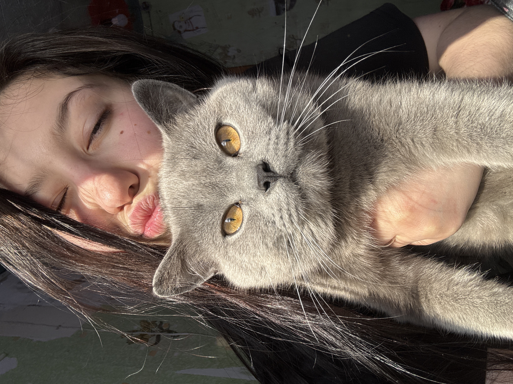 Woman shares tender morning moments with gray cat