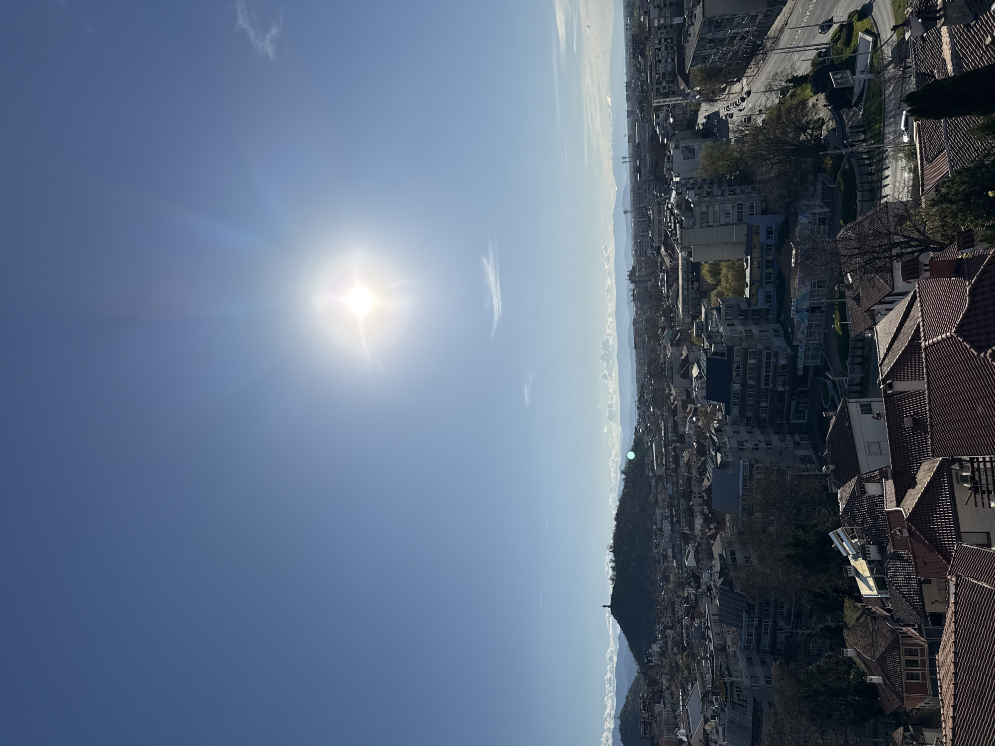 Aerial view captures dense cityscape under clear skies
