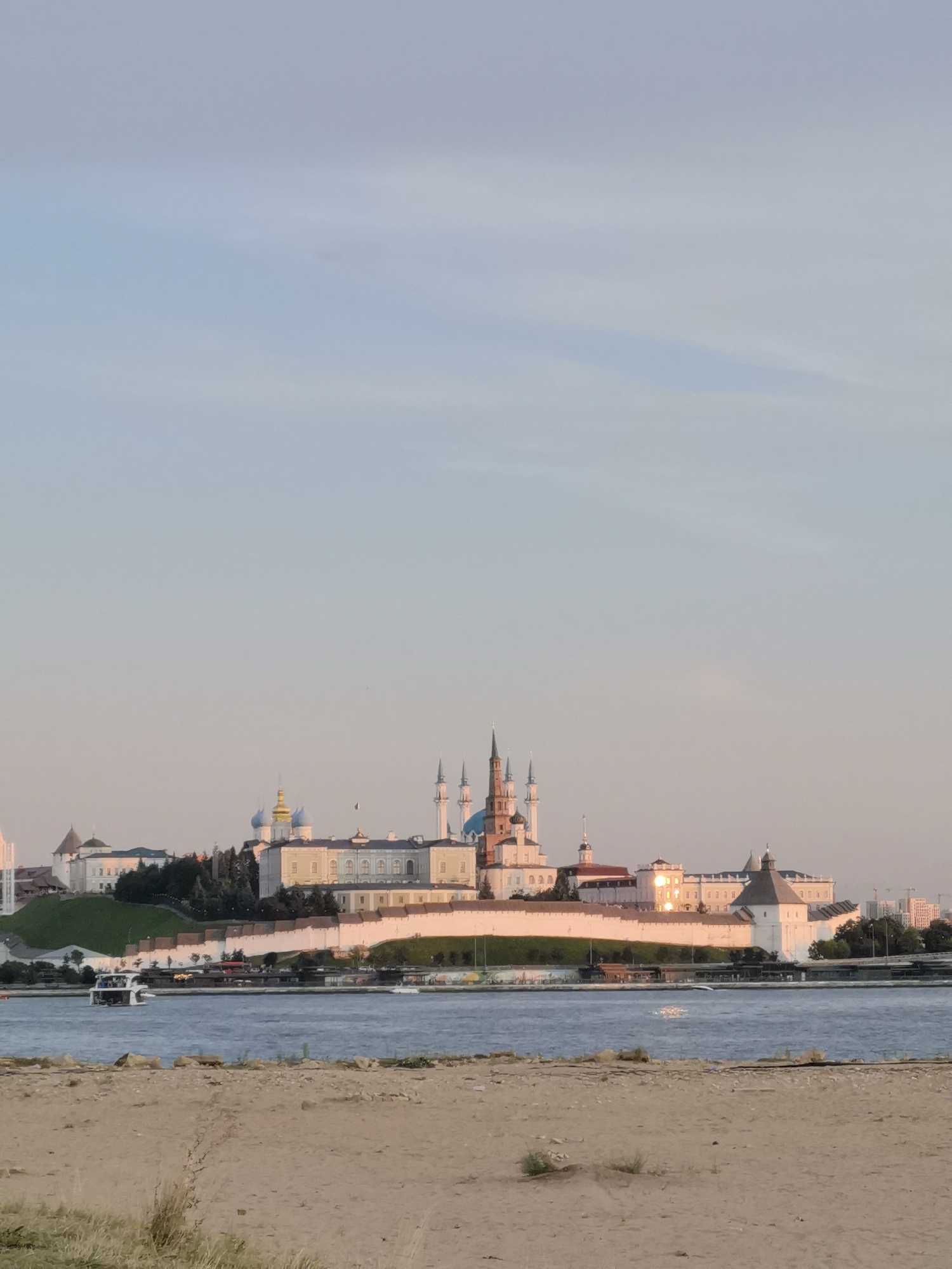 Kazan's riverfront at golden hour: Kremlin, Chasha, and the Kazanka