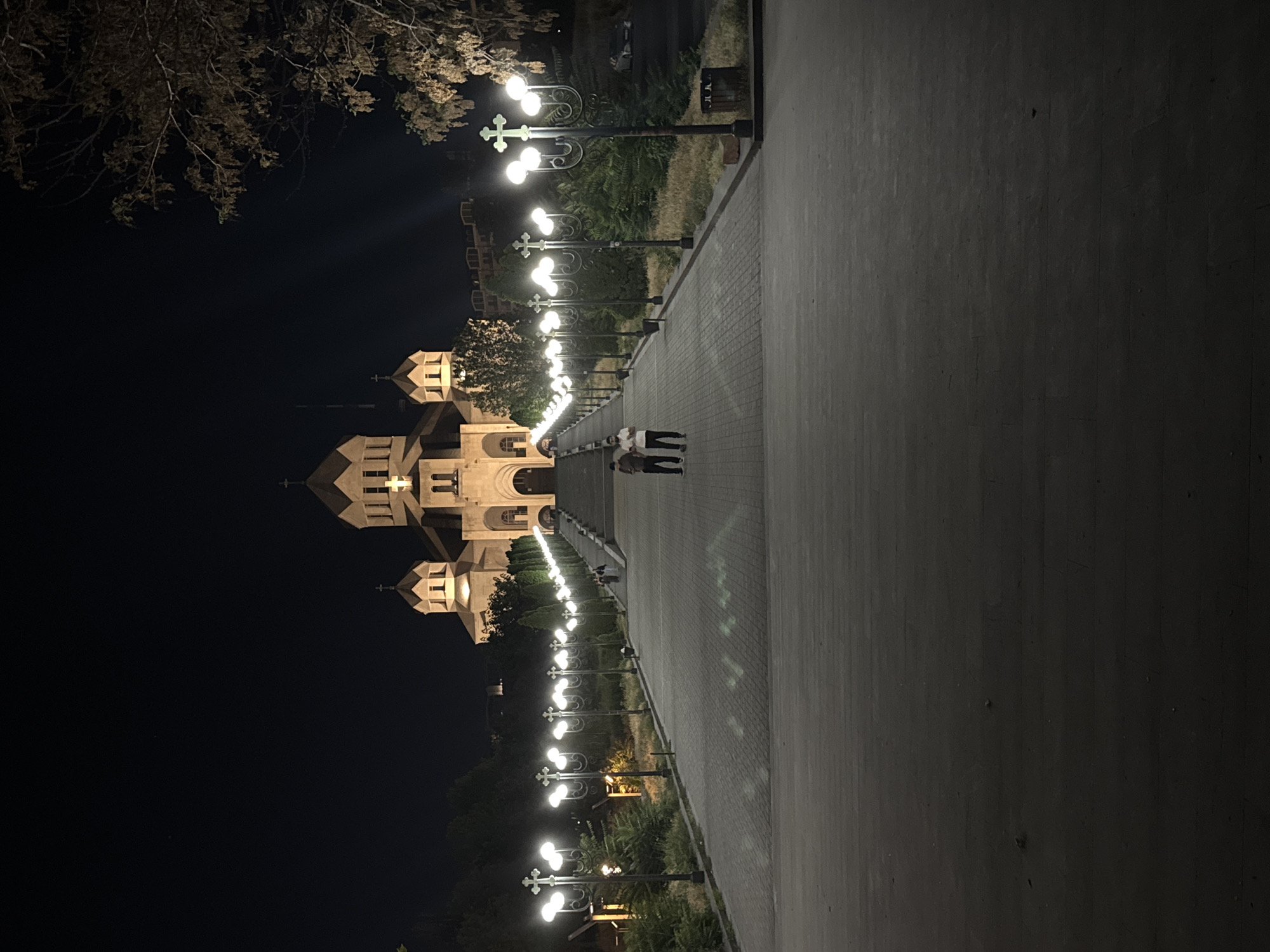 Yerevan landmarks at night: cathedral and equestrian monument