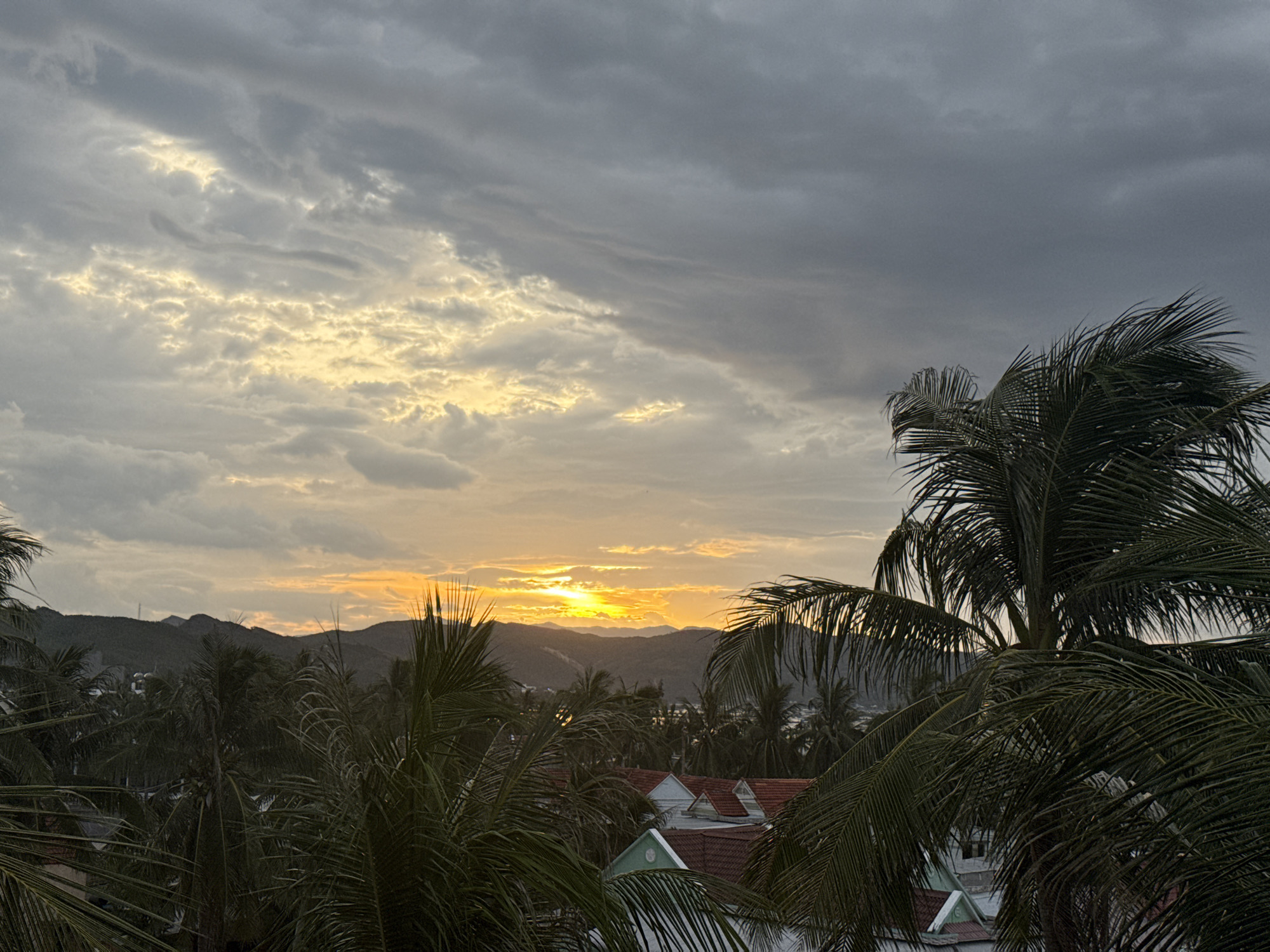 Tropical coastal sunset across mountains, palms, and shoreline