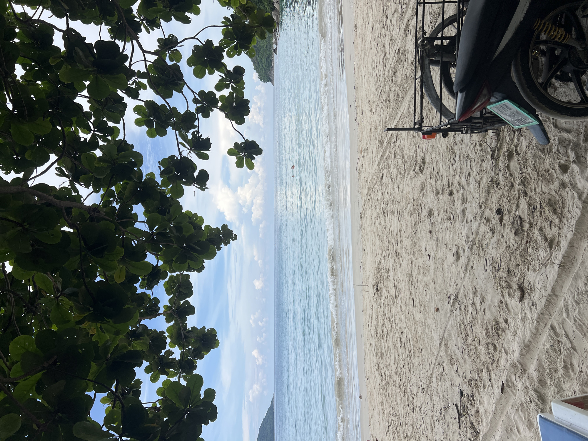 Quiet Thai beach: guinea fowl, boats, and a red flag