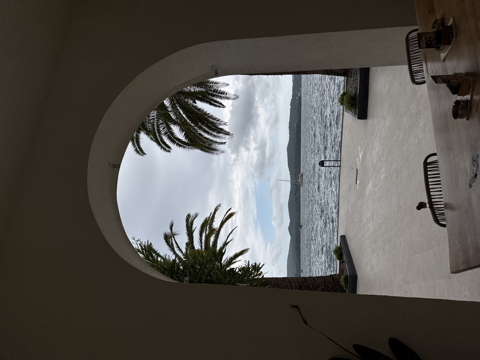 Bay of Kotor viewed through archway in Tivat, Montenegro
